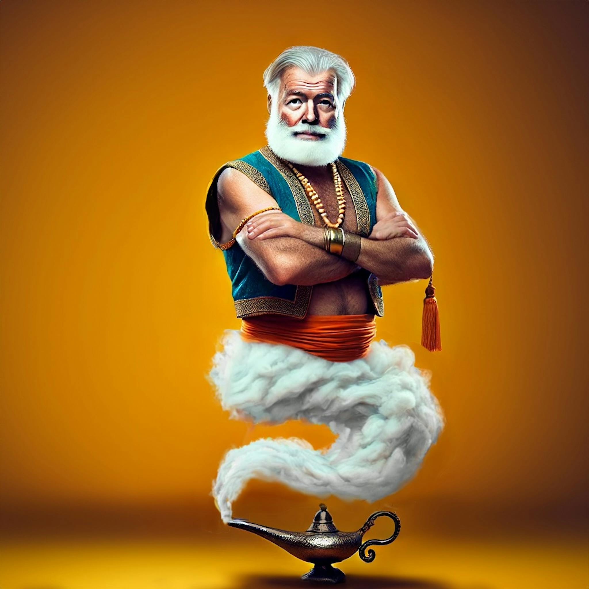 An illustration of Ernest Hemingway as a genie
