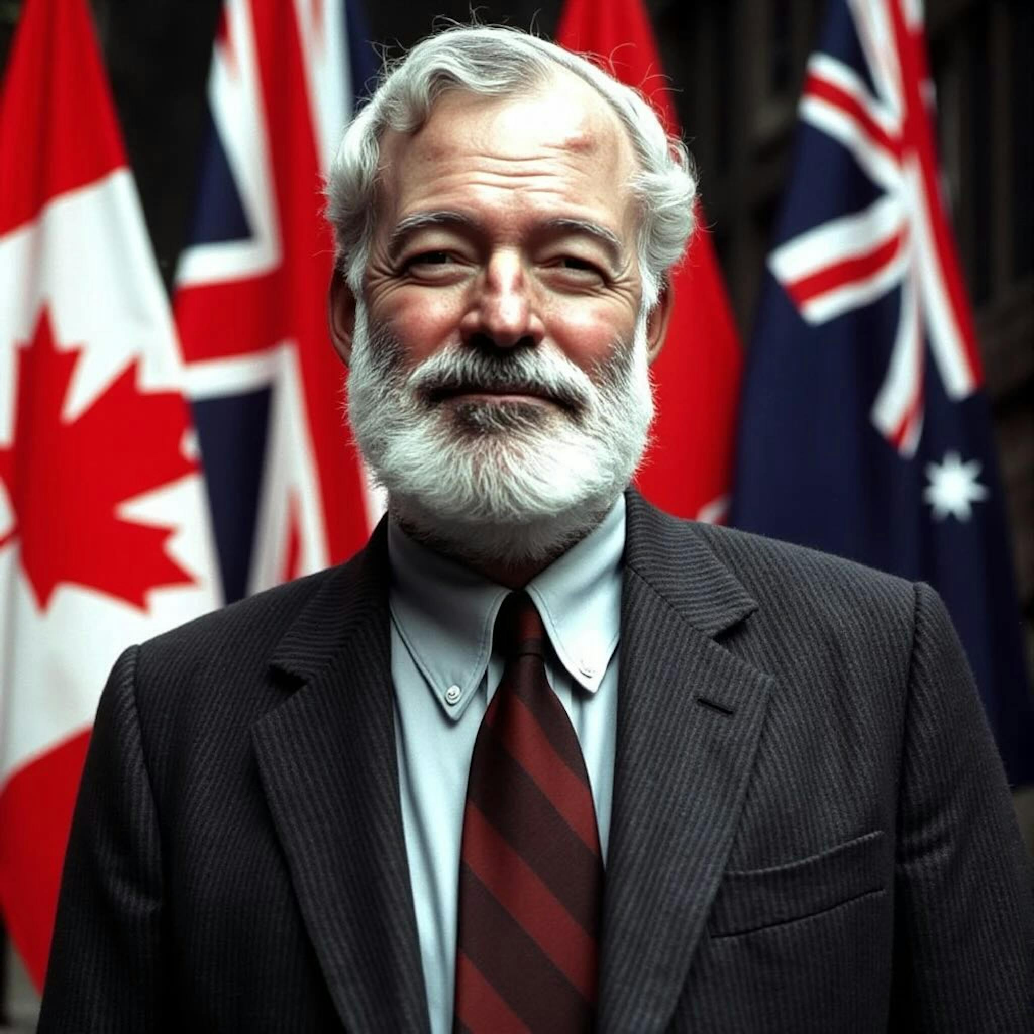 Illustration of Ernest Hemingway standing in front of various Commonwealth flags, like the Canadian flag and Union Jack.