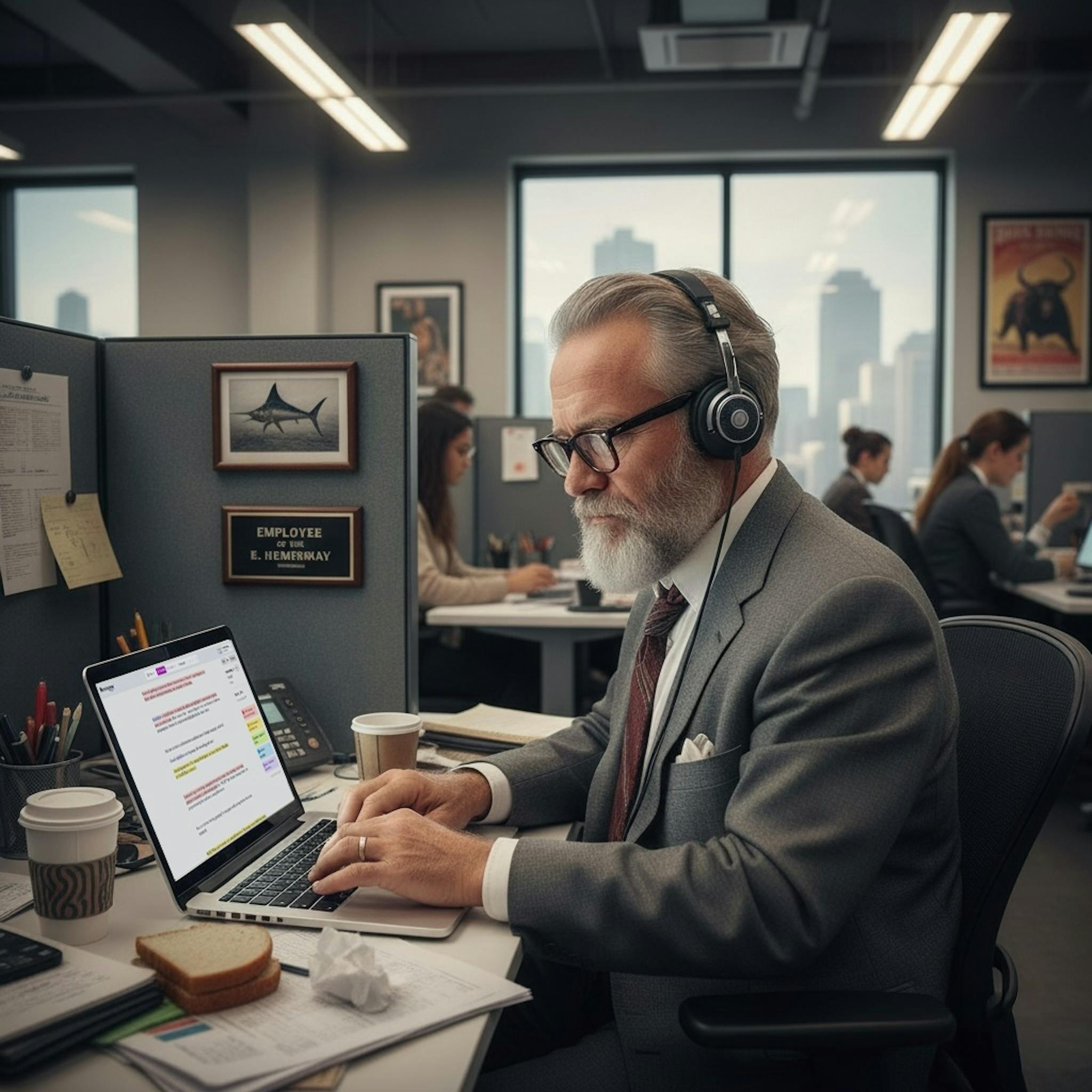 Illustration of Ernest Hemingway working at a laptop in a cubicle.