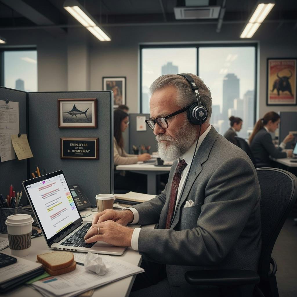Illustration of Ernest Hemingway working at a laptop in a cubicle.