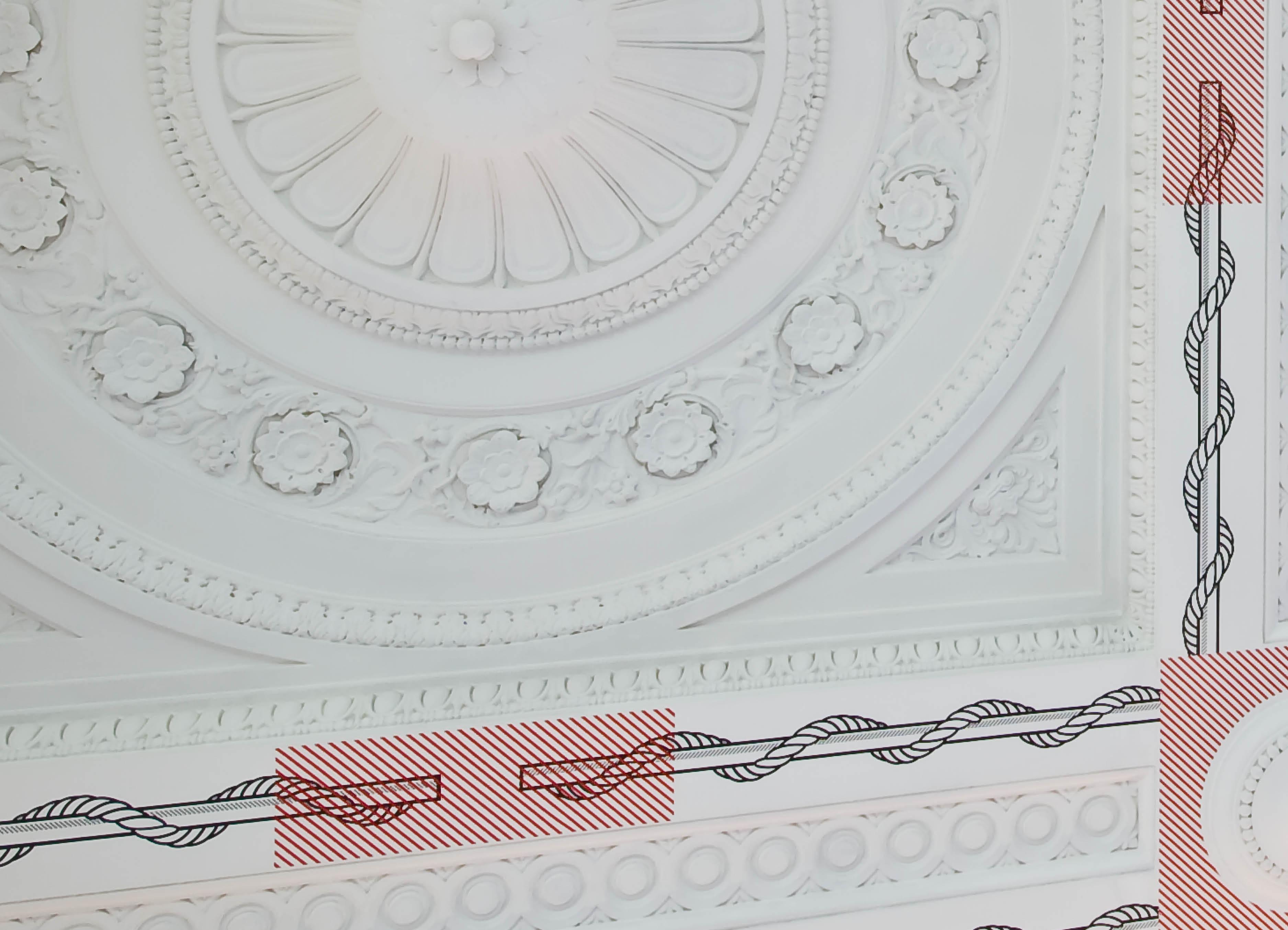 'rope and Bar' by Henry Coleman as part of the Los vinilos exhibition, an intricately decorated ceiling is shown with a pattern of a rope. Twisting around a bar and overlapping red hashed sections