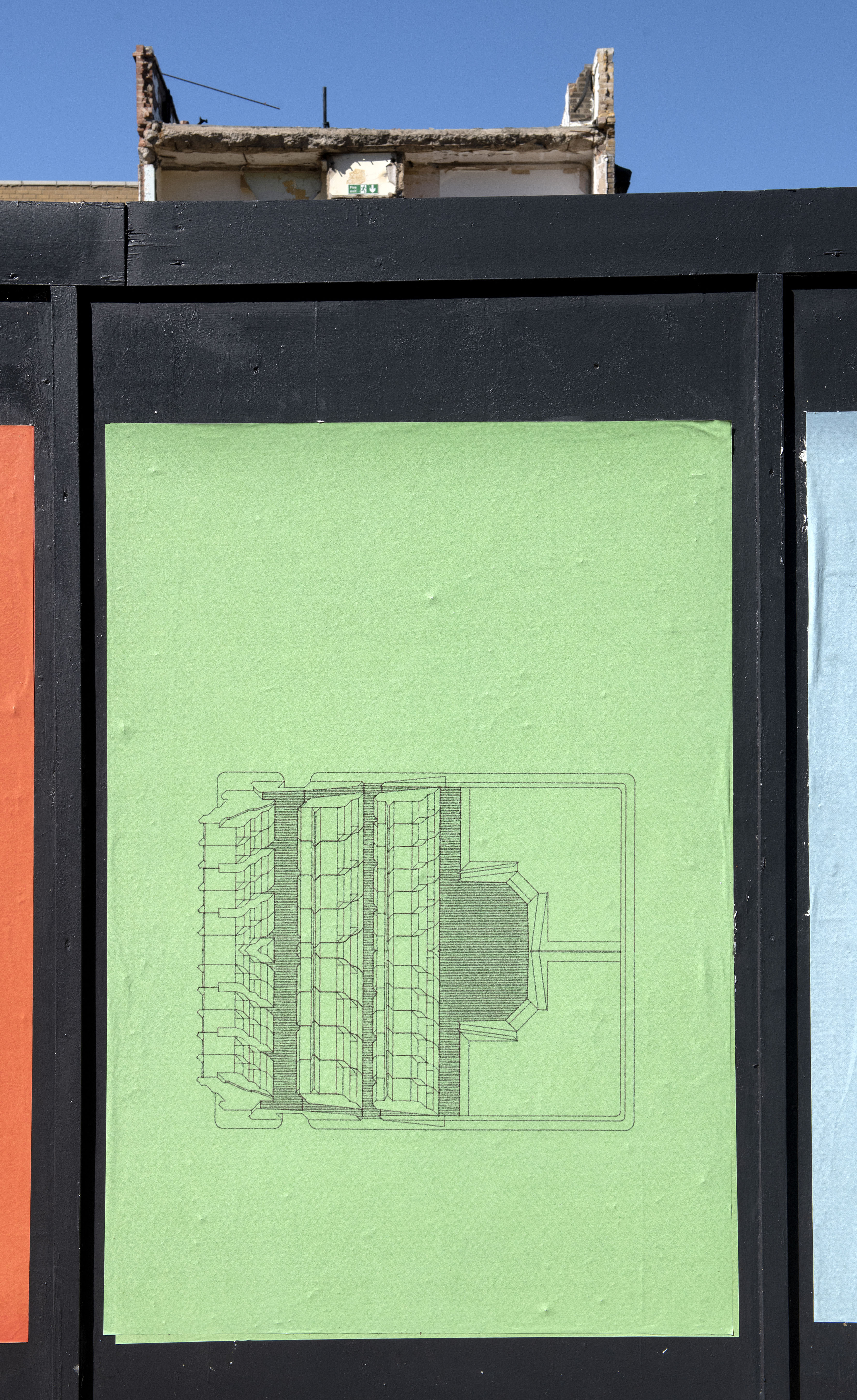 Life on other lines' by artist Henry Coleman. Close up of green A0 poster-sized drawing of reflected version  of the nearby Polygon Estate, Somers Town, by Architect Peter Tabori. From a public art series of posters installed on a Chalton Street