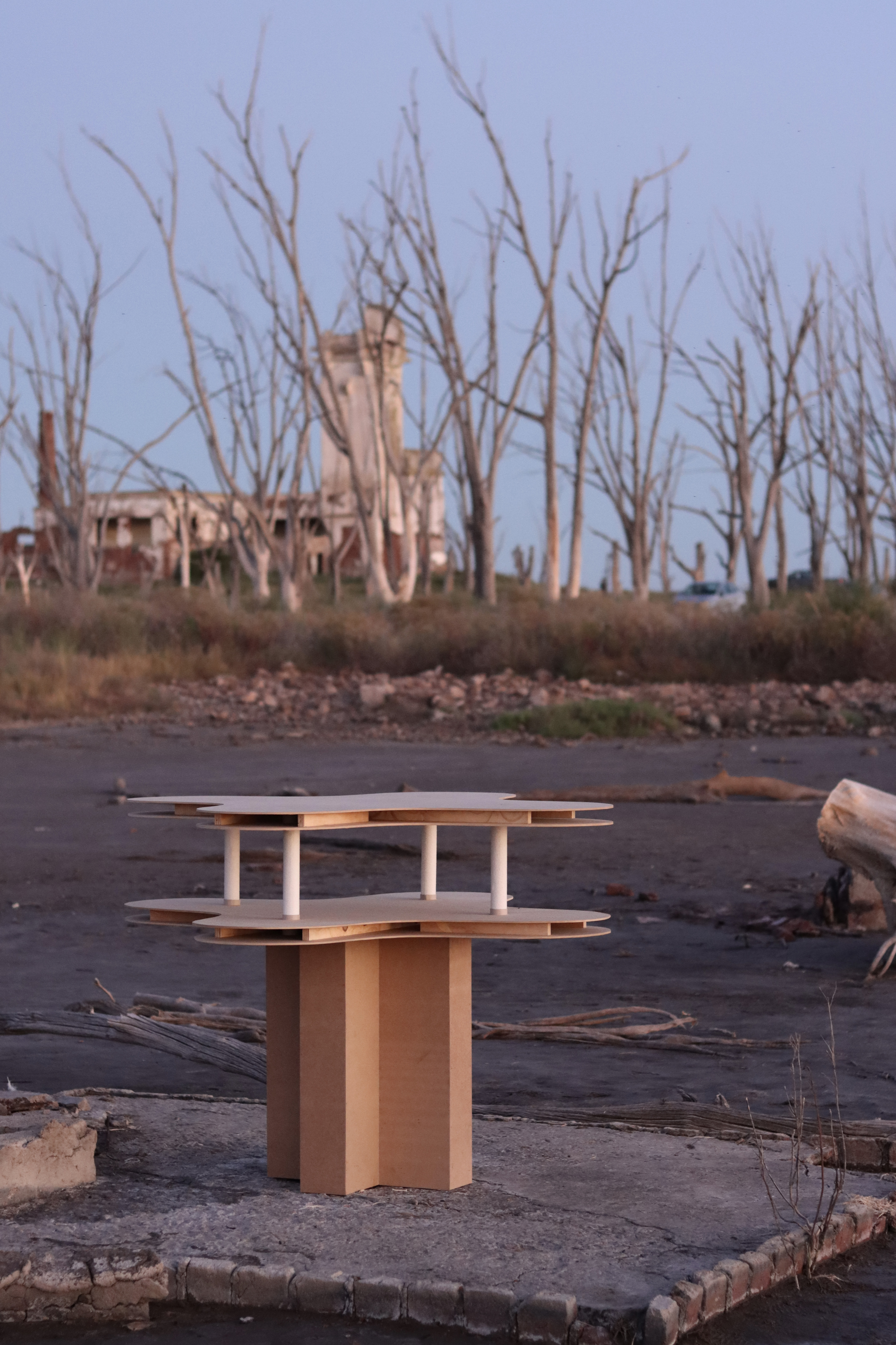: El Futuro es sobre la Mesa (2025) by Henry Coleman: Table form in the shape of the Ariston Cafe by Marcel Breur. Framed Against MAtadero by Salamone in  barren Epecuén landscape