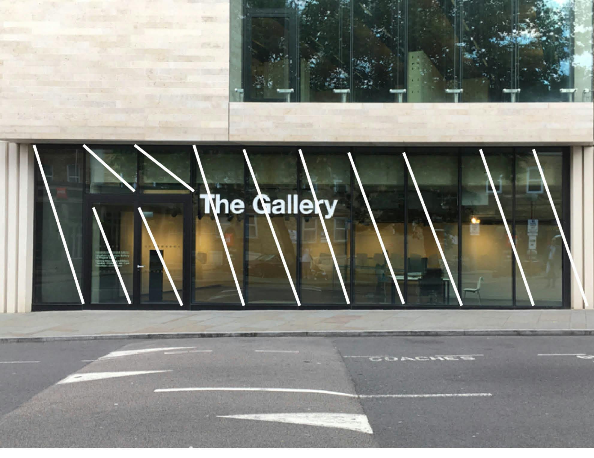 'Telon', vinyl artwork by Henry Coleman installed for the exhibition Plan-Unplan Stephen Lawrence Gallery Greenwich, London, diagonal vinyl strips run diagonally right to left  from corner to corner of each pain of glass across the face of the gallery