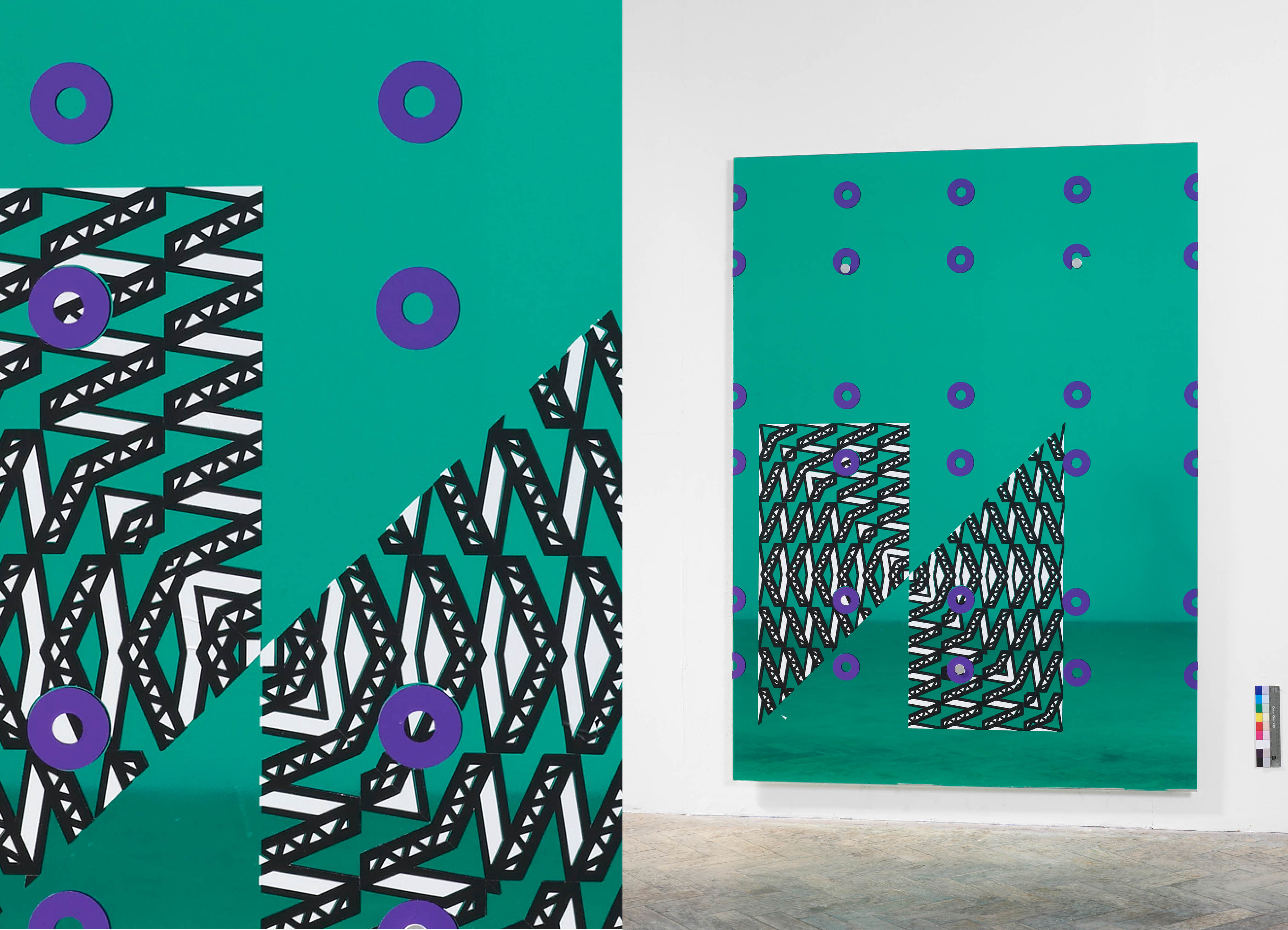 'Artifakt: Lignes ' mirror sculpture and detail by artist Henry Coleman showing a green brightly colored mirror with applied overlapping pattern