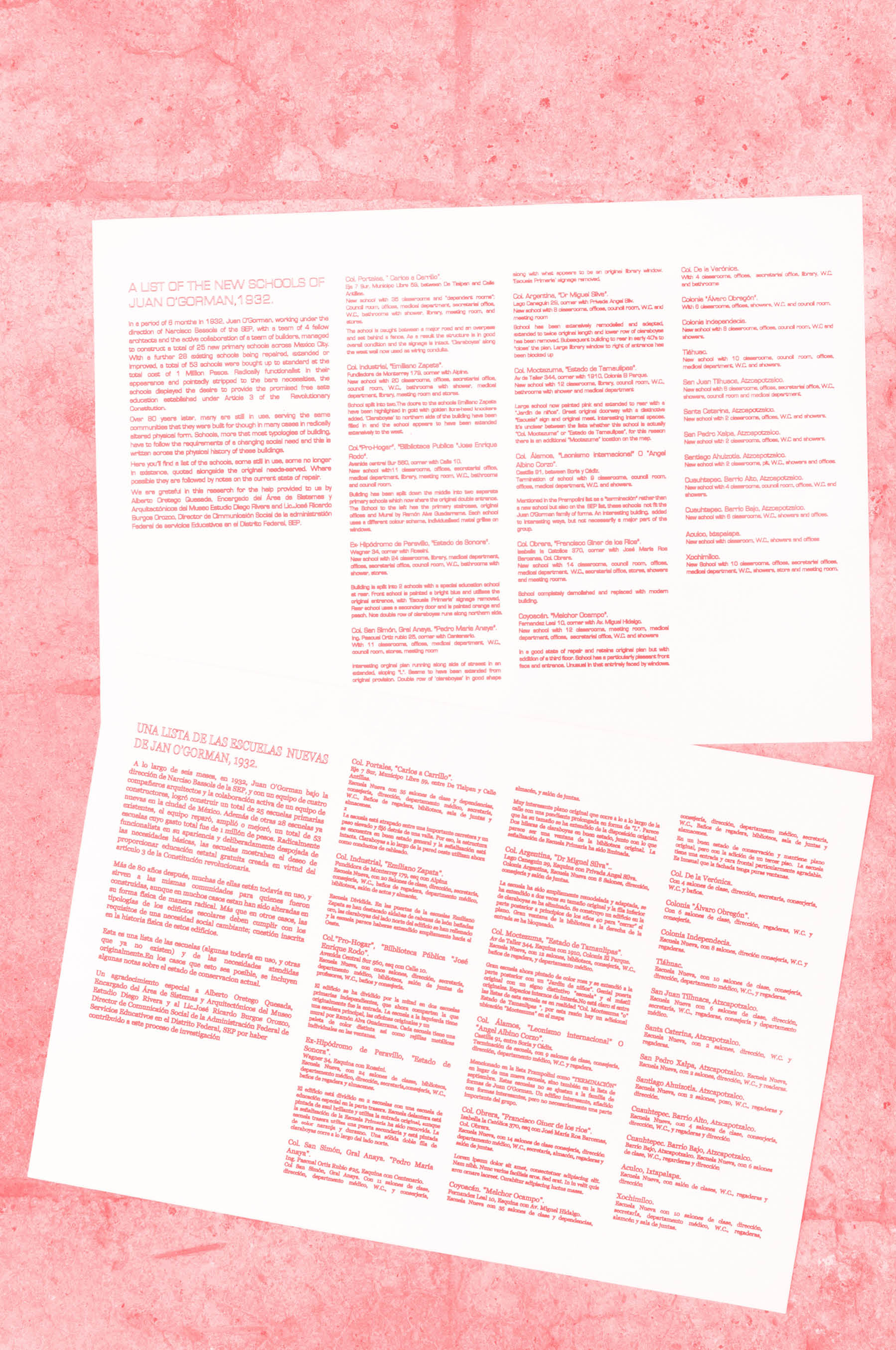 'Una Mapa Una Lista' by Henry Coleman produced for SOMA, Mexico City,  A red and white photograph of a pair of texts in English and Spanish describing the schools building program by the architect Juan O'Gorman