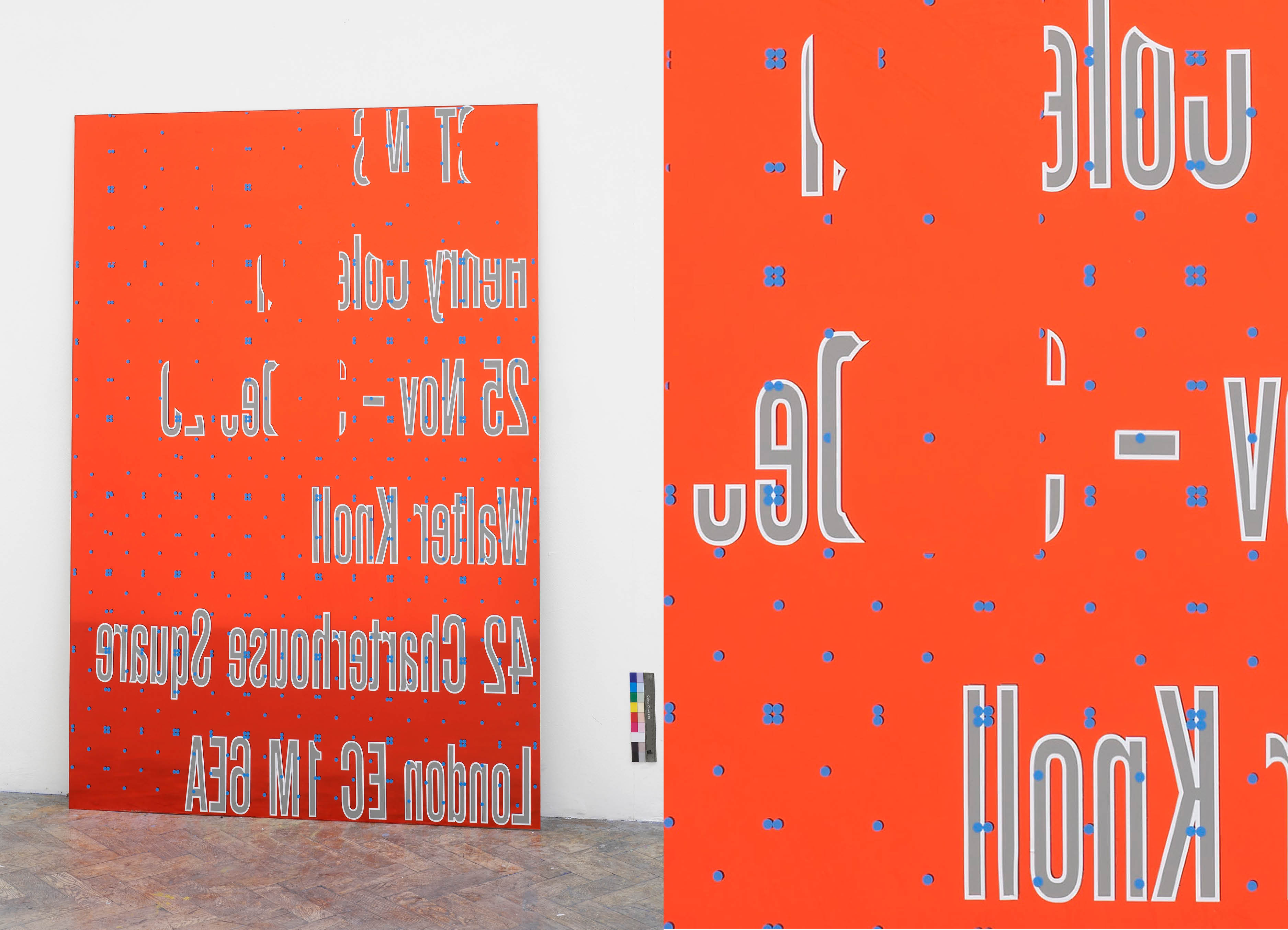 'Artifakt: Braun Spiegel' mirror sculpture and detail by artist Henry Coleman showing a red brightly colored mirror with applied overlapping pattern