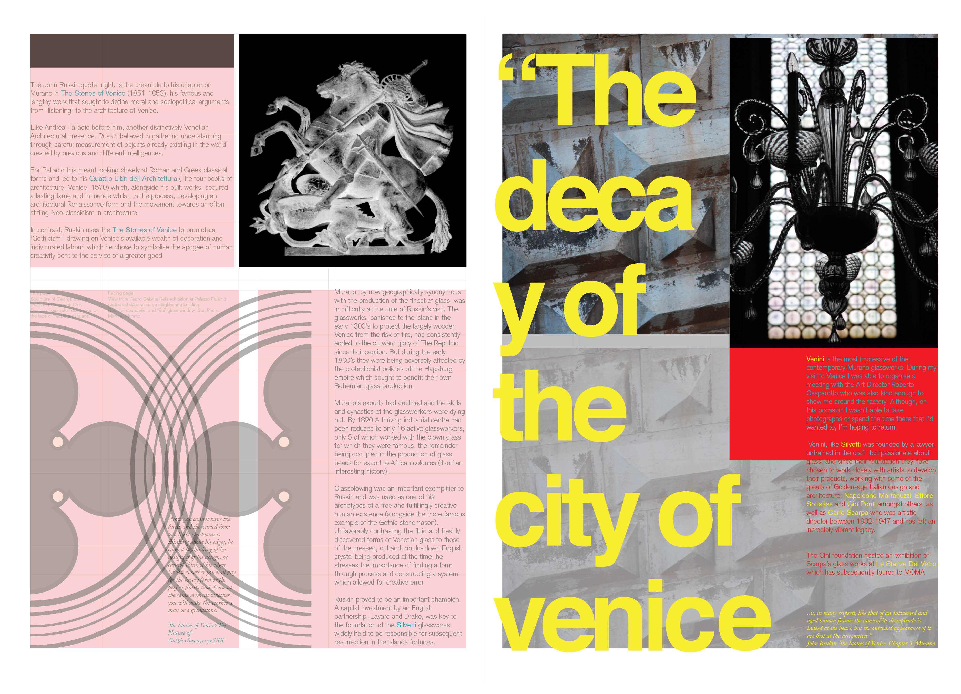 Designed page with overlapping images of venice and fragmented text spelling out the headline' The Decay of the city of venice' about John Ruskin and the galssblowers of Murano, Venice, by Artist Henry Coleman