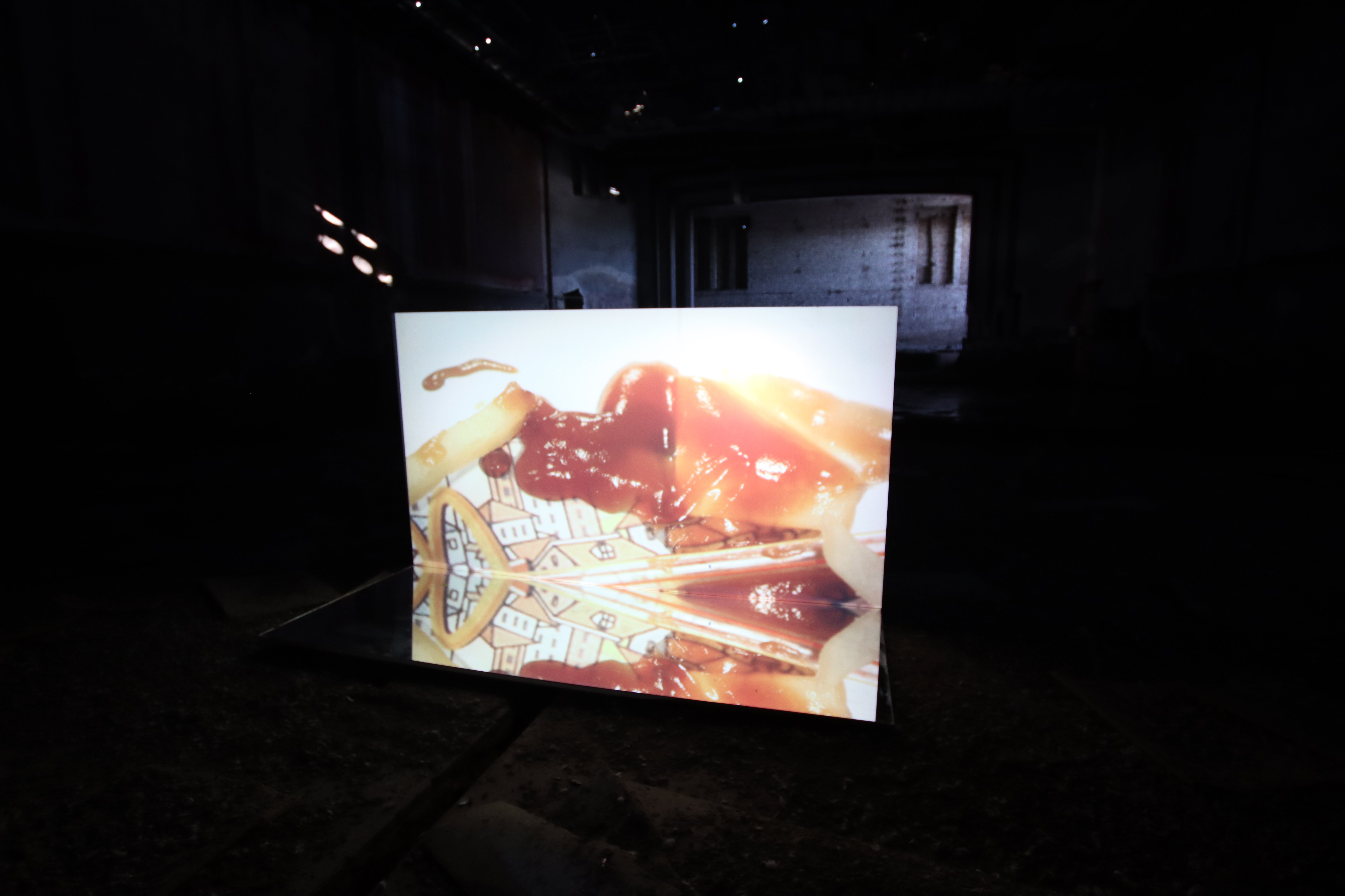 Flooded Doubled  by Artist henry Coleman 2025. Video screen projecting Superflex's Flooded McDonald's video, reflected in a floor mirror inside a dark room at Cinema Grand Sud.