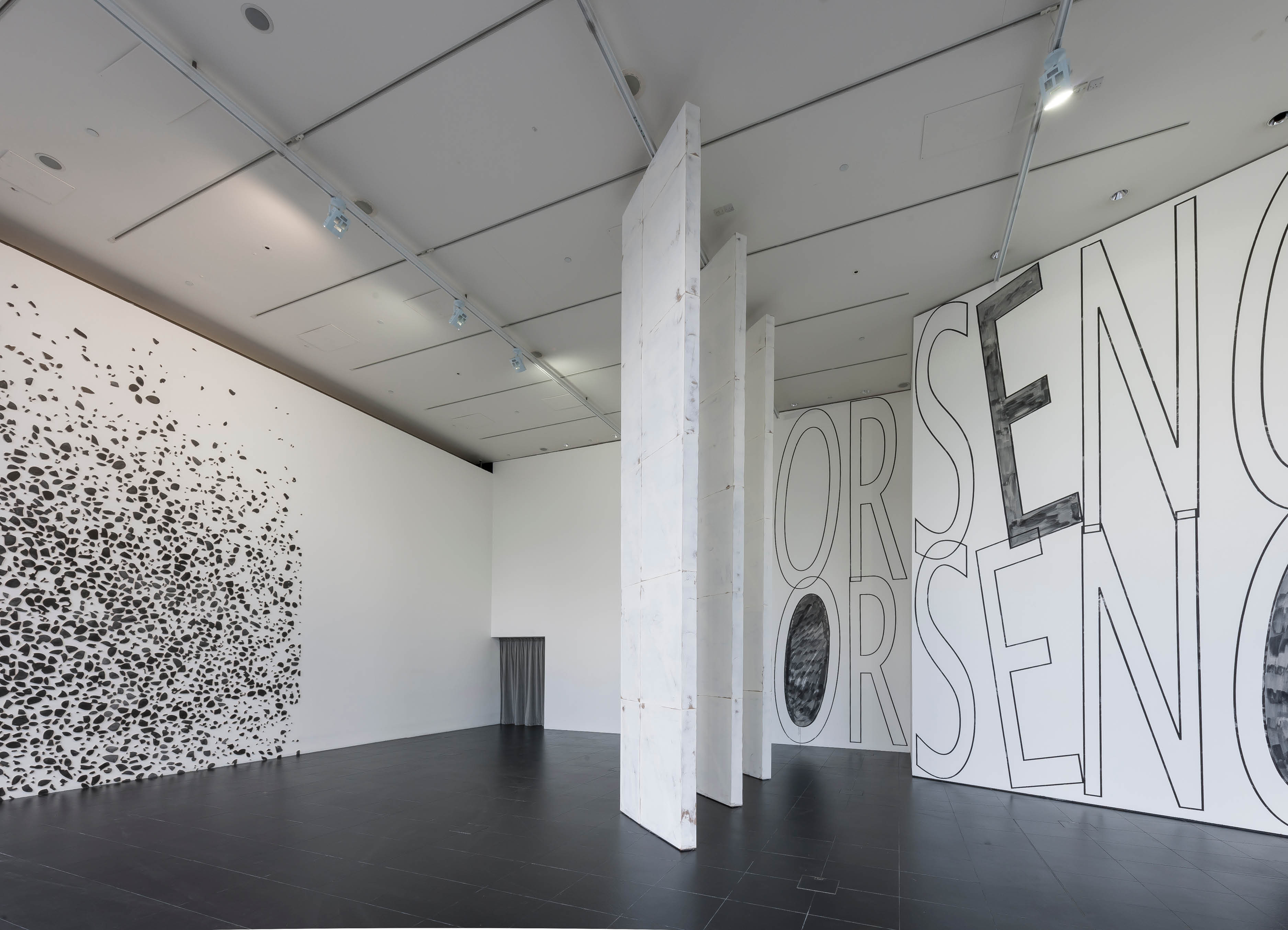 'About now' exhibition by Henry Coleman at Bloomberg SPACE, large scale architectural works fill the walls in black and white 