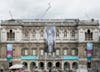 'The Greater Order', Sculptural installation by artist Henry Coleman across the Royal Academy buildings, London. A Banner with an image of the cast corridor of the Royal Academy schools is mounted on the face of Burlington House 