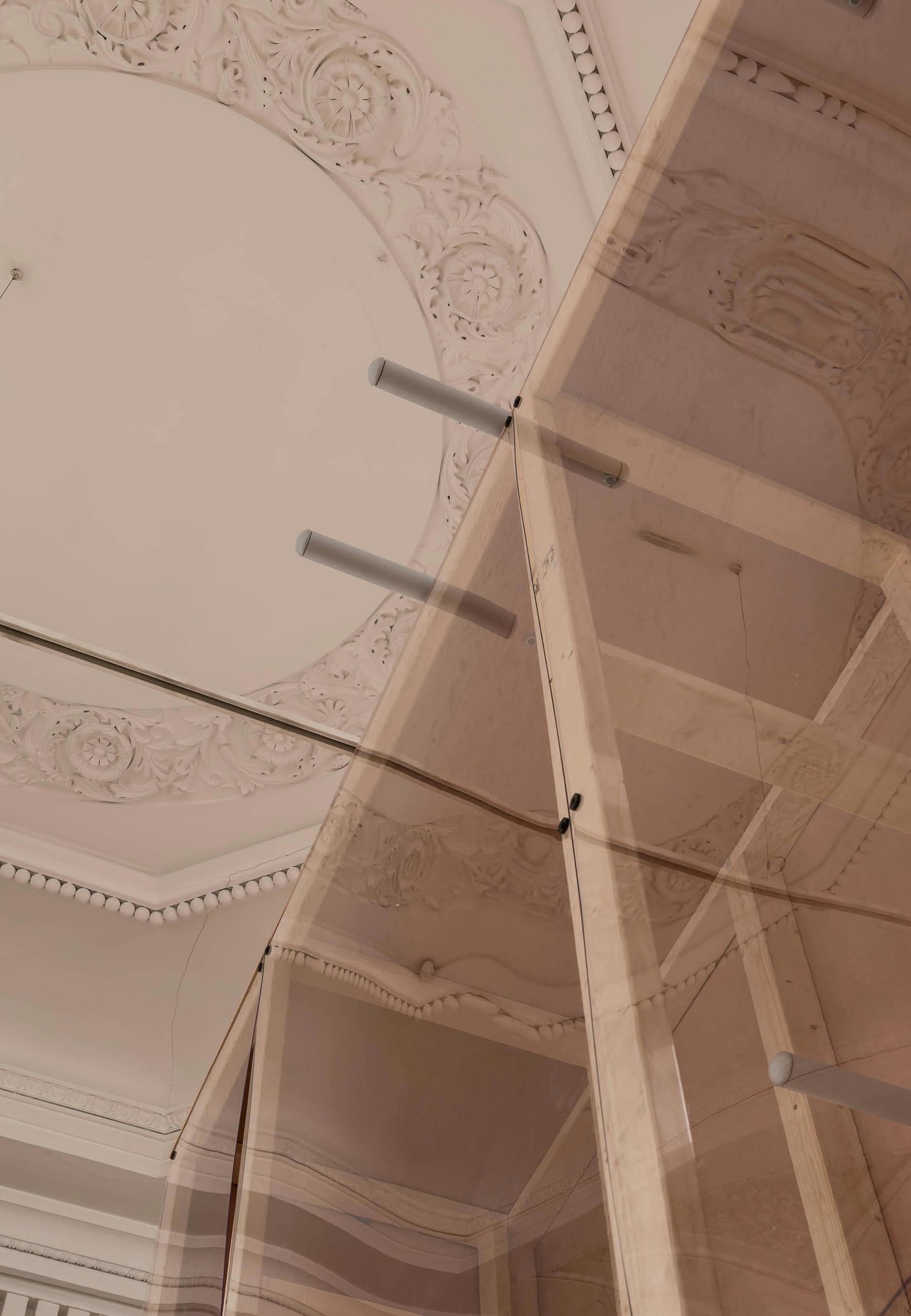 'Ornament, Work'  by Henry Coleman,  produced for the Royal Academy Premiums exhibition, intricate decorated ceiling of 6 Burlington gardens  reflected in a Perspex cladding mounted on a  timber structure