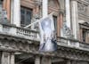 'The Greater Order', Sculptural installation by artist Henry Coleman across the Royal Academy buildings, London. Flag with an image of the Cast corridor, Royal Academy Schools,  flies in place of the RA flag on above the entry to 6 Burlington gardens