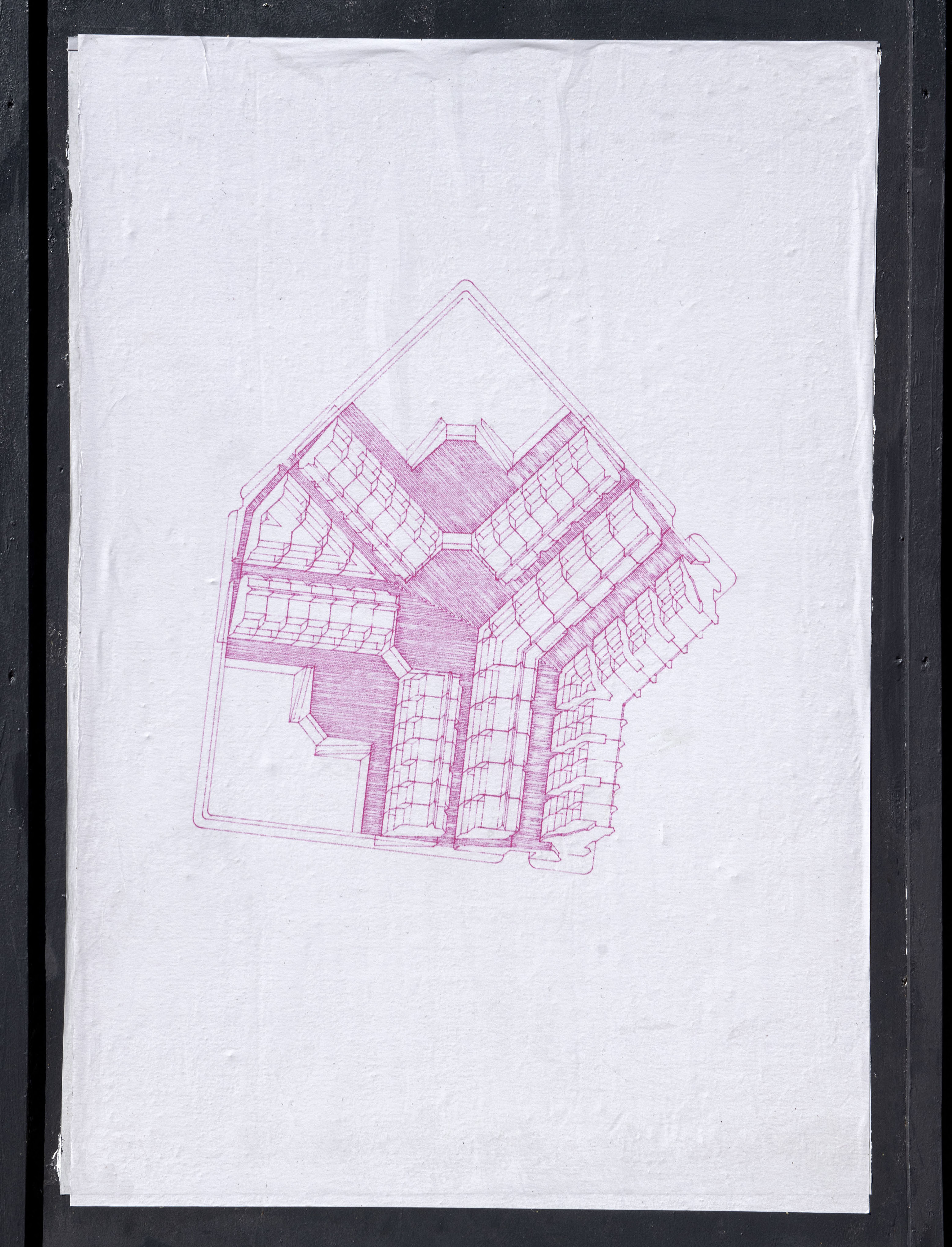 Life on other lines' by artist Henry Coleman. Close up of pink on white A0 poster-sized drawing of reflected version  of the nearby Polygon Estate, Somers Town, by Architect Peter Tabori. From a public art series of posters installed on a Chalton Street