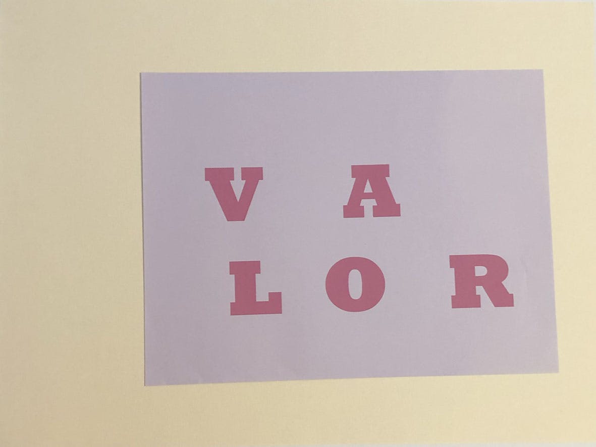 ' Valor-Value' by artist Henry Coleman showing collaged elements with the word Valor spelled out in large purple letters
