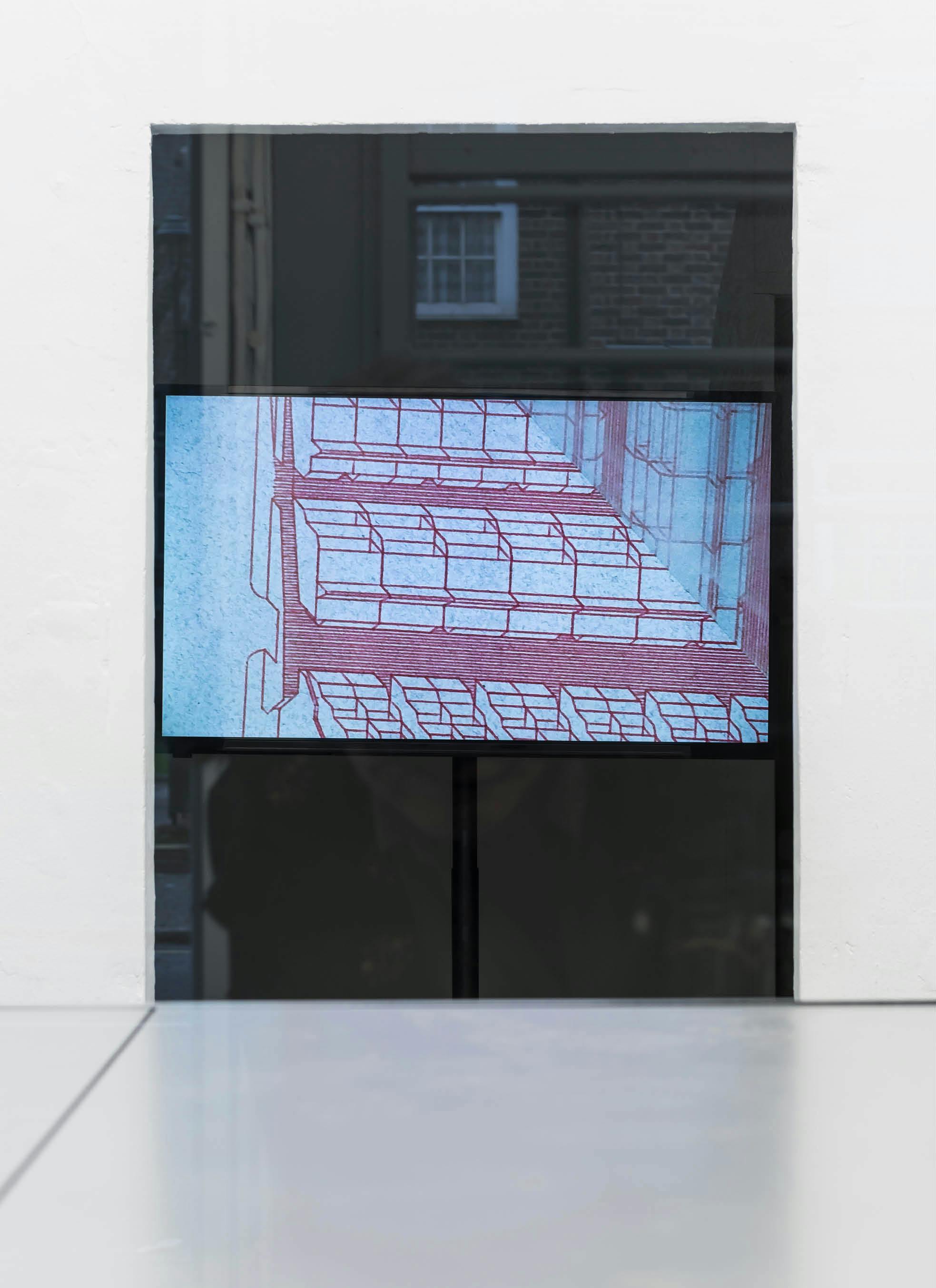 'My Sky' exhibition  by artist Henry Coleman with a closeup image of a film showing through a doorway with reflected drawing of nearby Polygon Estate by Peter Tabori