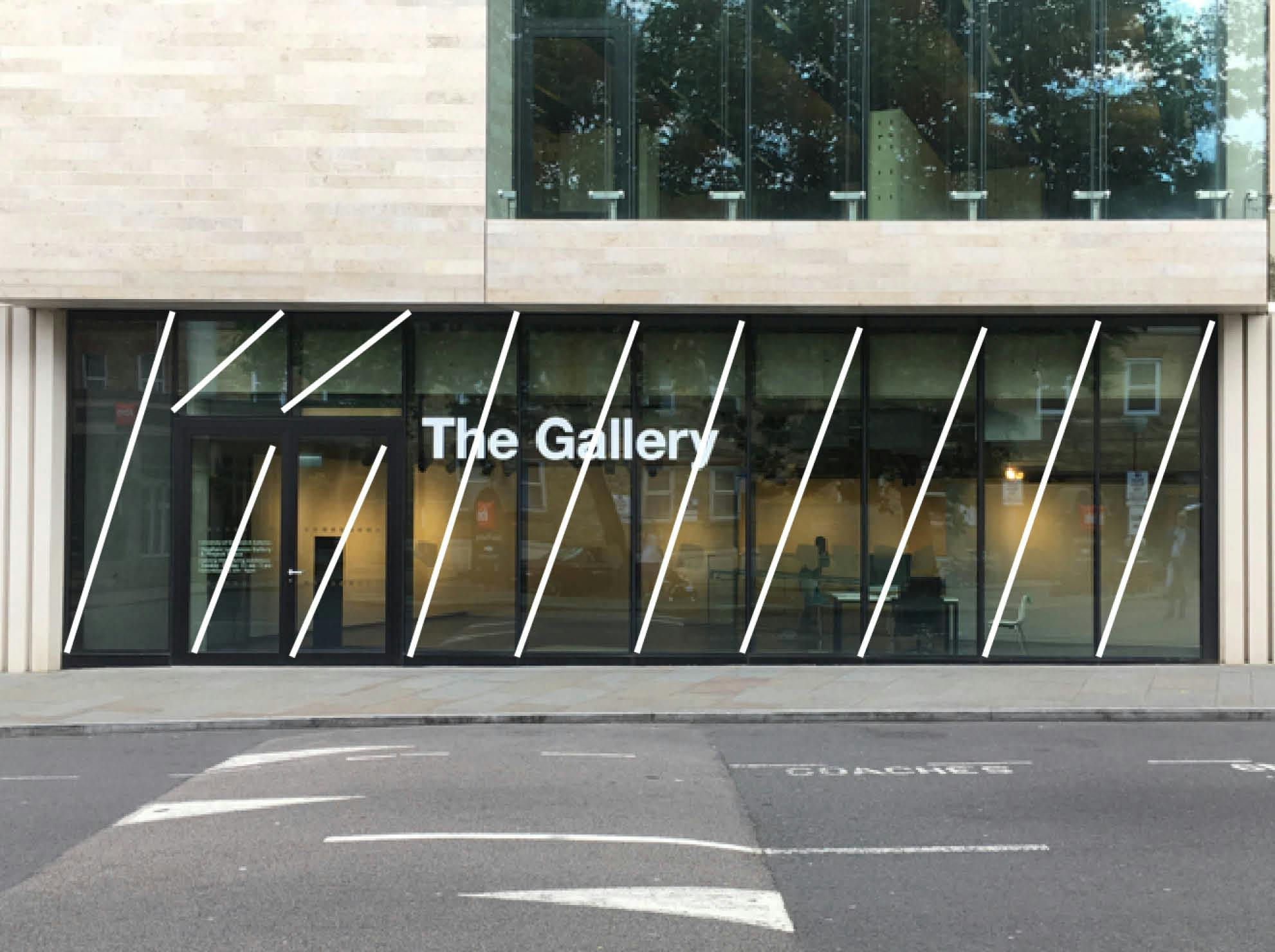 'Telon', vinyl artwork by Henry Coleman installed for the exhibition Plan-Unplan Stephen Lawrence Gallery Greenwich, London, diagonal vinyl strips run diagonally  left to right from corner to corner of each pain of glass across the face of the gallery