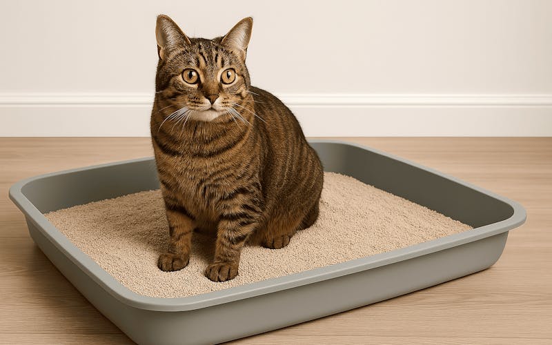 Katze stubenrein bekommen: Katze sitzt im Katzenklo