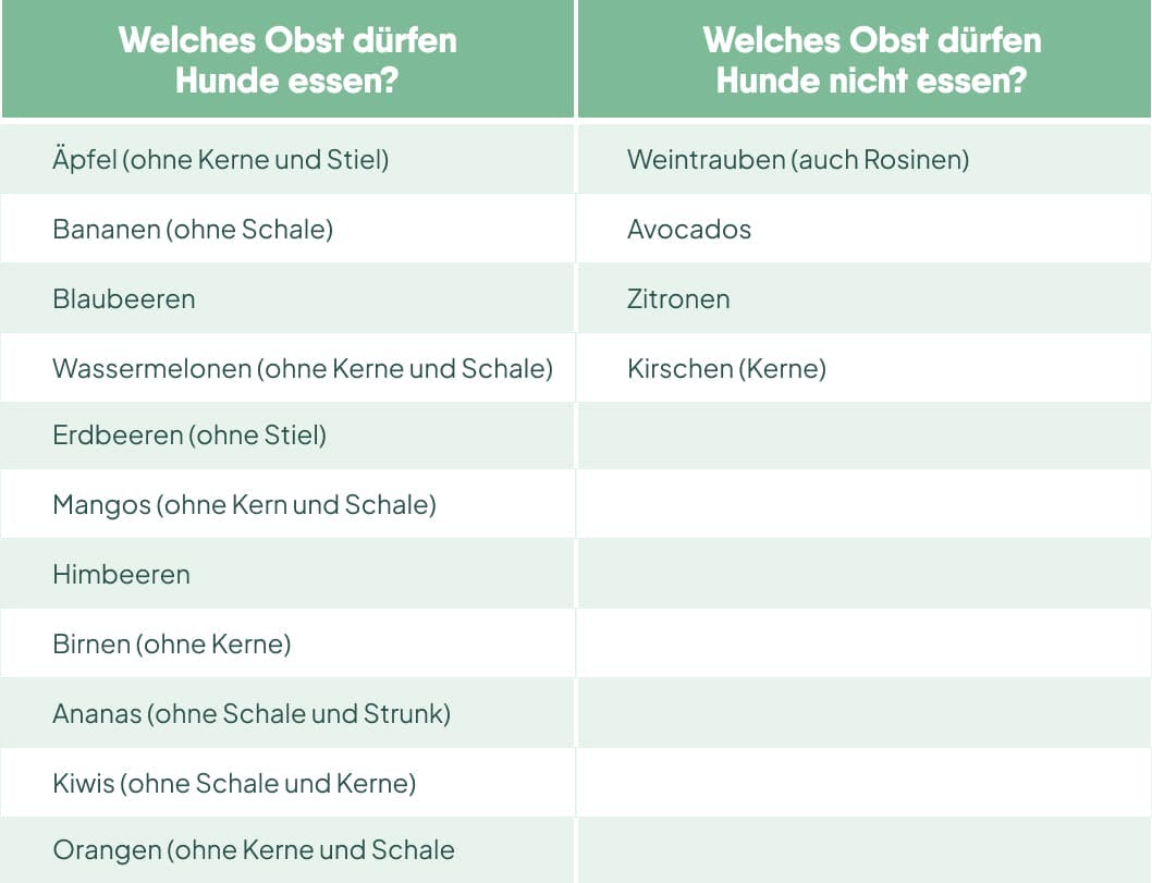 Tabelle die zeigt, welches Obst Hunde essen dürfen und welches nicht