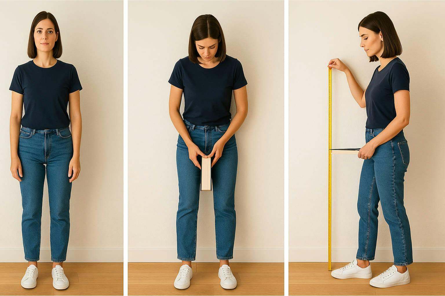Un guide visuel pour déterminer la longueur de vos pas. Une femme se tient contre un mur et détermine la longueur de ses pas à l'aide d'un livre et d'un mètre pliant.
