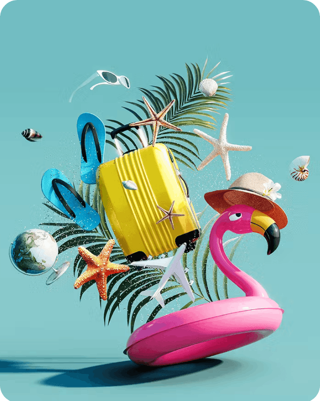 Ein Flamingo mit Hut trägt diverse Urlaubsutensilien, wie zum Beispiel Koffer und FlipFlops auf seinem Rücken.