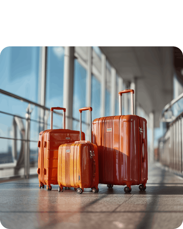 3 orangene Koffer stehen am Flughafen Terminal