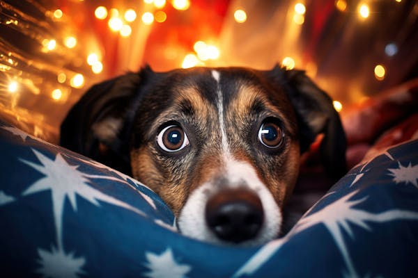 Ein Hund guckt geschockt und beunruhigt, da im Hintergrund Feuerwerk von Silvester zündet.