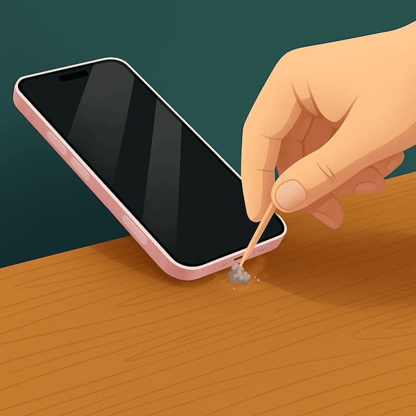 Die Ladebuchse eines Smartphones wird mit einem Zahnstocher gereinigt und es werden Staub und Schmutz entfernt.