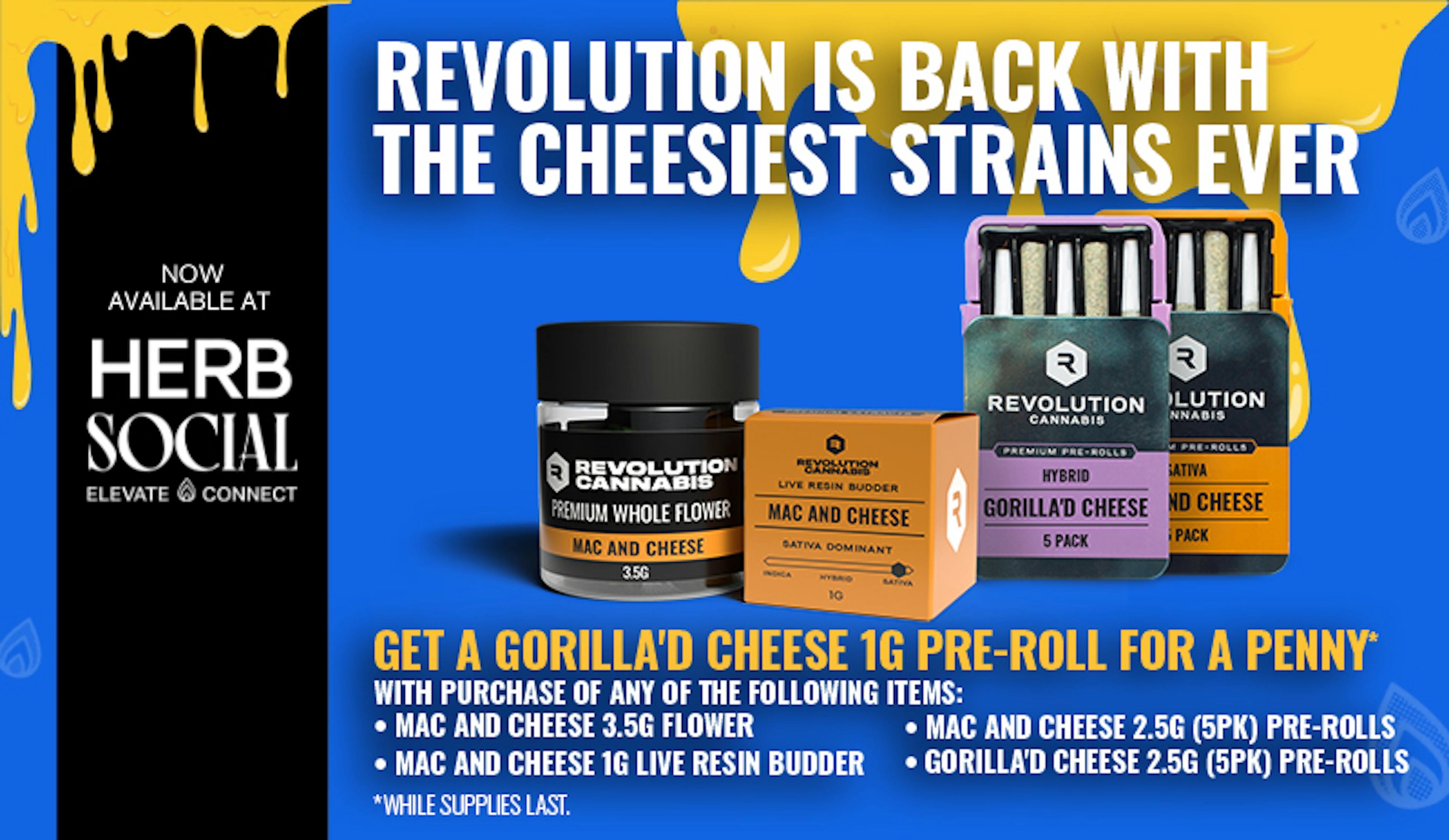 REVOLUTION CANNABIS PRODUCTS ON BLUE BACKGROUND.