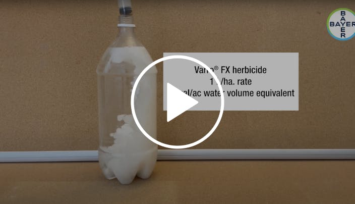 A video thumbnail with a play button showing a 2L bottle with Varro FX herbicide and water inside.