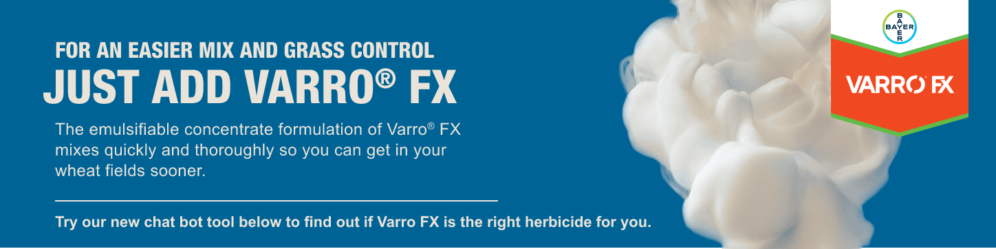 Image of Varro FX mixing into water with copy that says 'For an easier mix and grass control, just add Varro FX, The emulsifiable concentrate formulation of Varro® FX mixes quickly and thoroughly so you can get in your wheat fields sooner. Try our new chat bot tool below to find out if Varro FX is the right herbicide for you'. There is also a chevron shaped badge with the Bayer logo and the Varro FX wordmark.