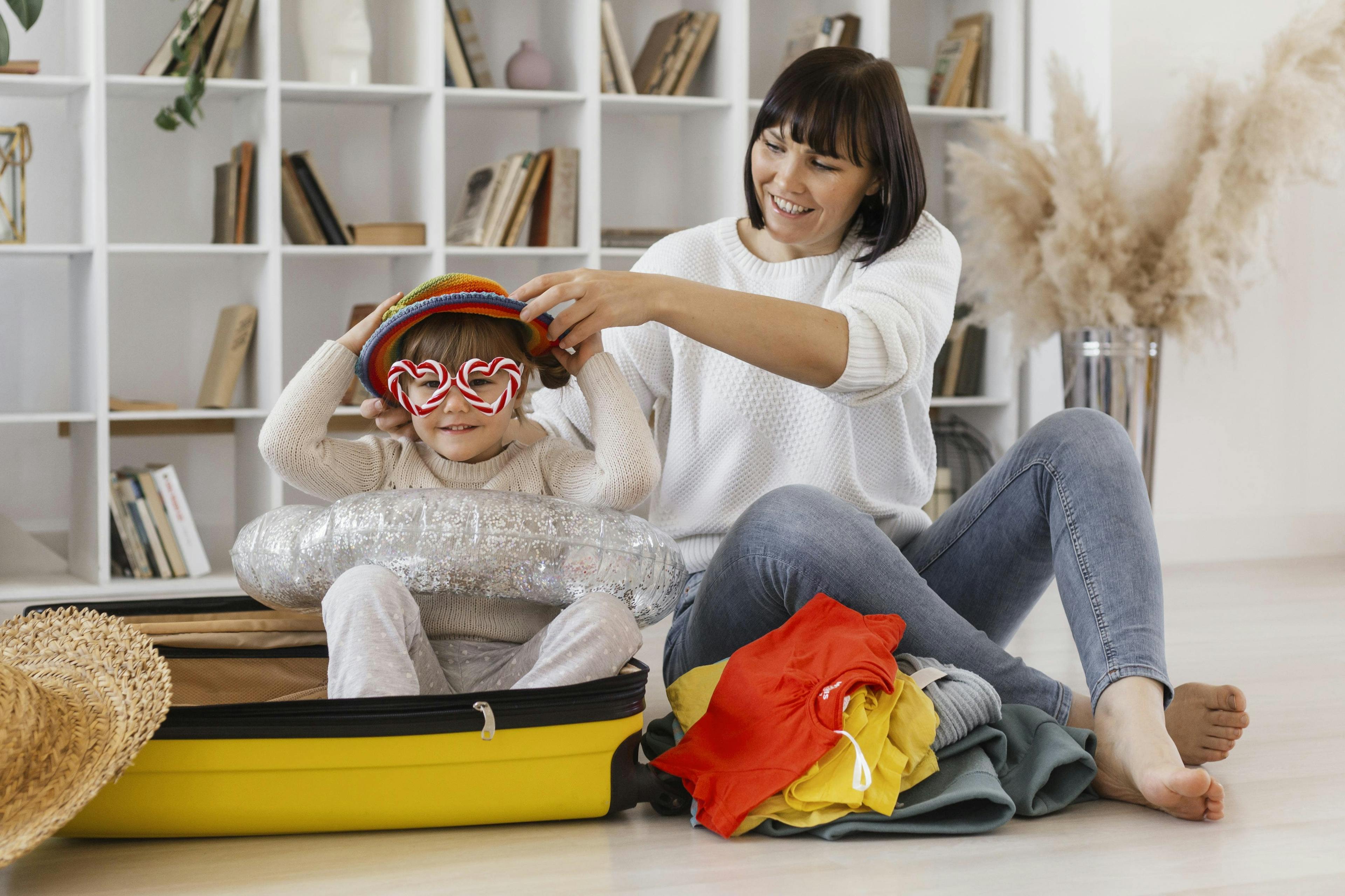 Mom and kid packing for a cruise