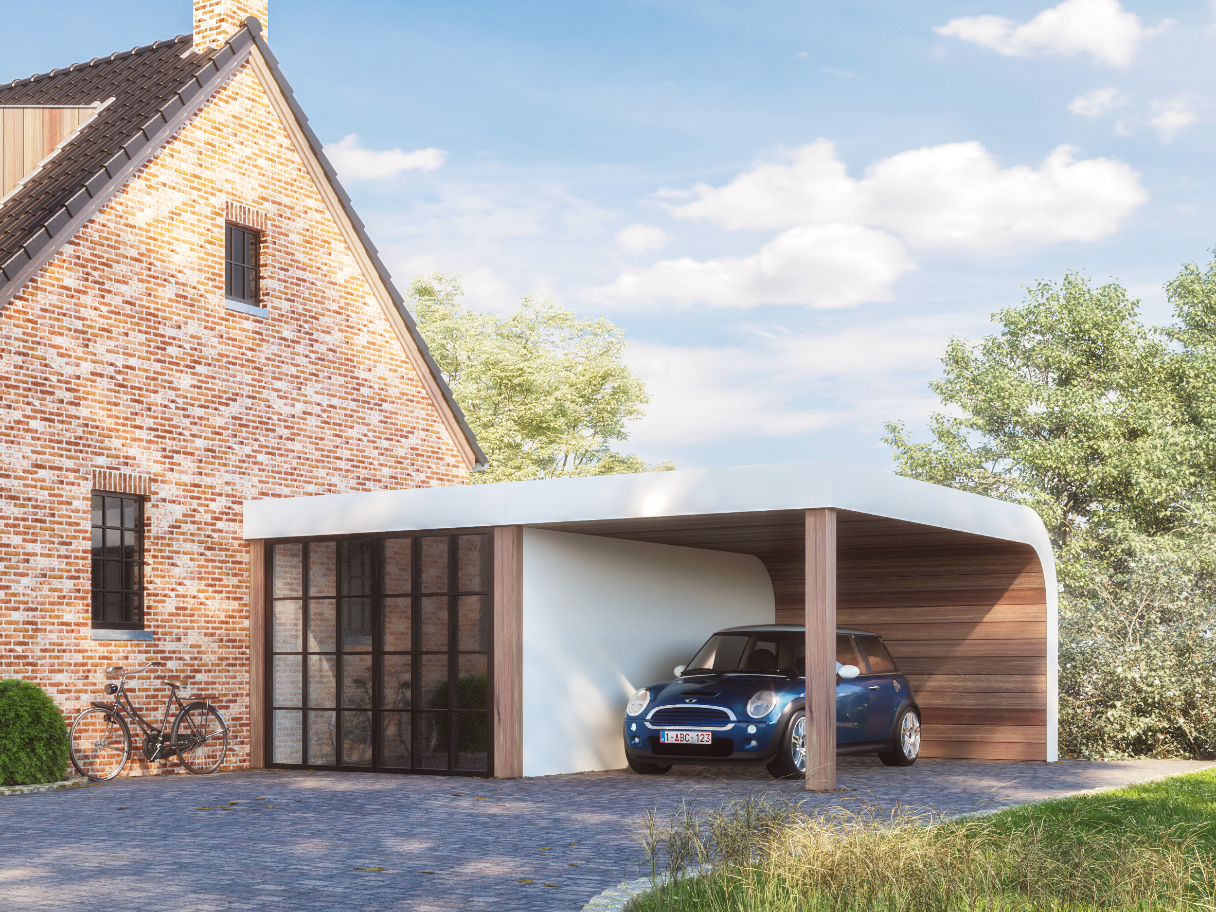 Futuristische carport met bijgebouw