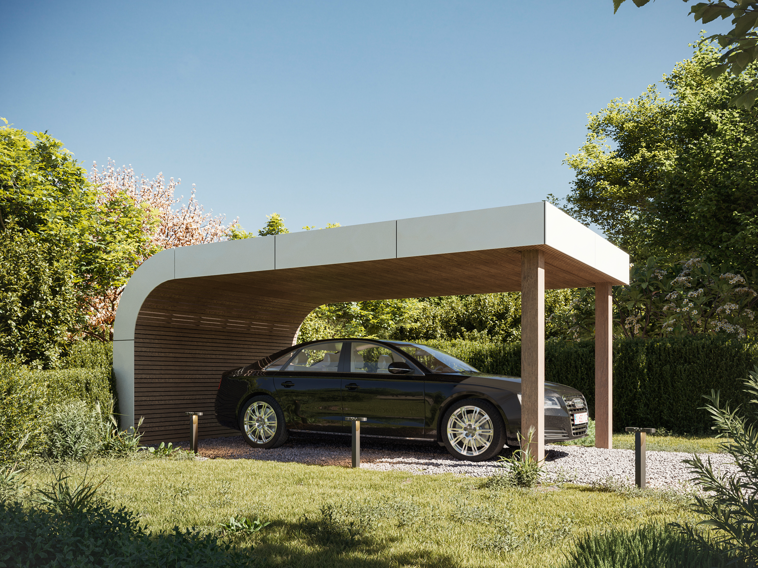 Futuristische eikenhouten carport