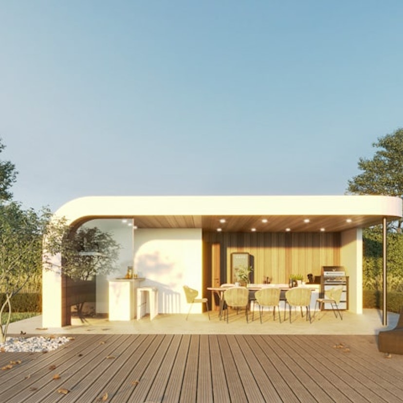 Futuristische bijgebouw met keuken en glasramen