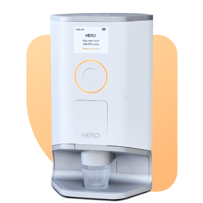 icon for The Hero smart dispenser alerts you when it’s pill time One-button press sorts and dispenses your dose. The Hero smart dispenser is about the size of a coffee maker and fits on any kitchen counter.