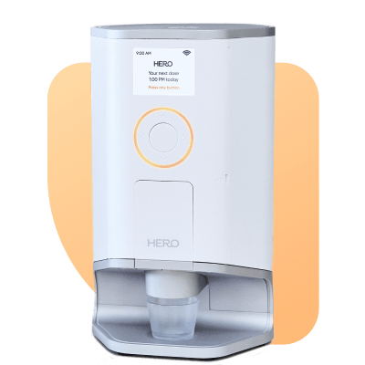 icon for Know when it’s pill time One-button press sorts and dispenses your dose. The Hero smart dispenser is about the size of a coffee maker and fits on any kitchen counter.