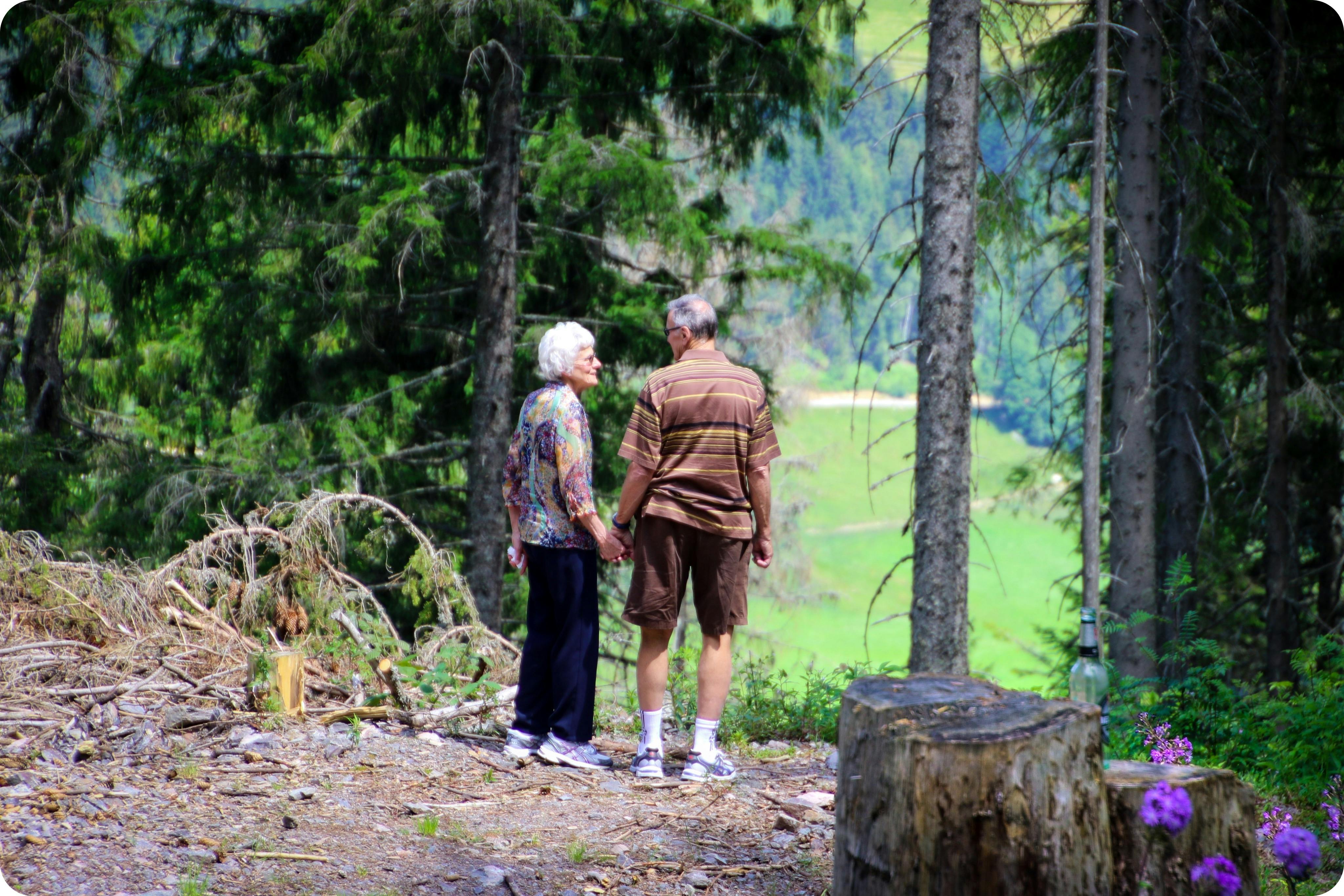 Elderly couple walking through a forest