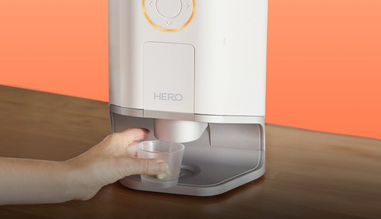 icon for One-button press sorts and dispenses your dose. The Hero smart dispenser is about the size of a coffee maker and fits on any kitchen counter.