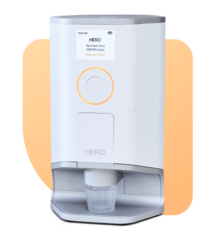 icon for The Hero smart dispenser alerts you when it’s pill time One-button press sorts and dispenses your dose. The Hero smart dispenser is about the size of a coffee maker and fits on any kitchen counter.