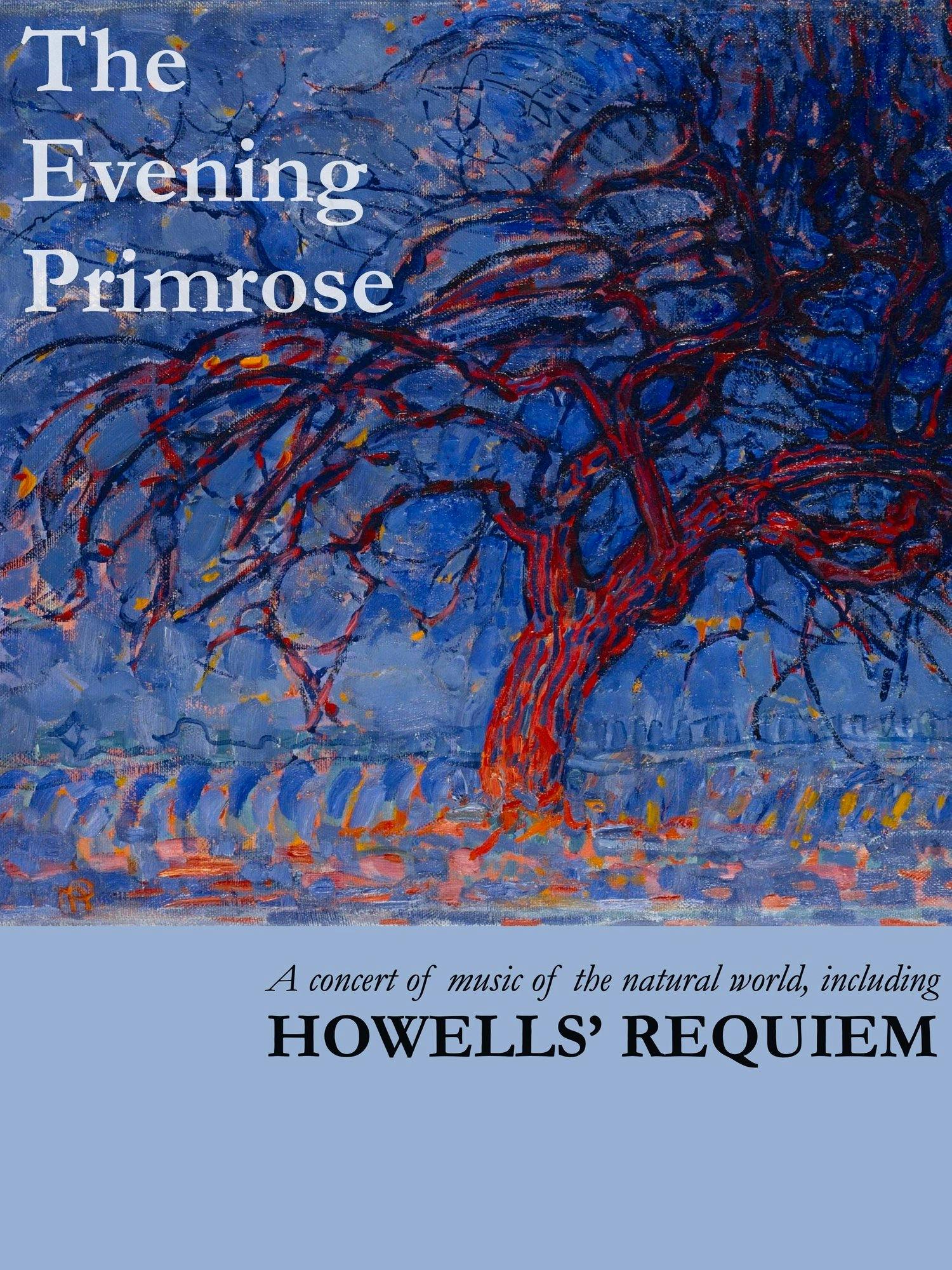 Poster for The Evening Primrose concert by Hesperos Choir. Featuring a painting of a red tree in impressionistic style