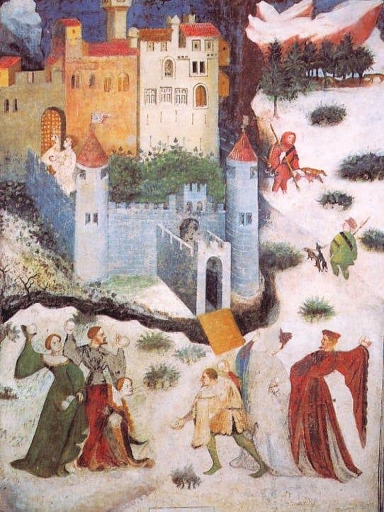 A medieval drawing of a snowball fight