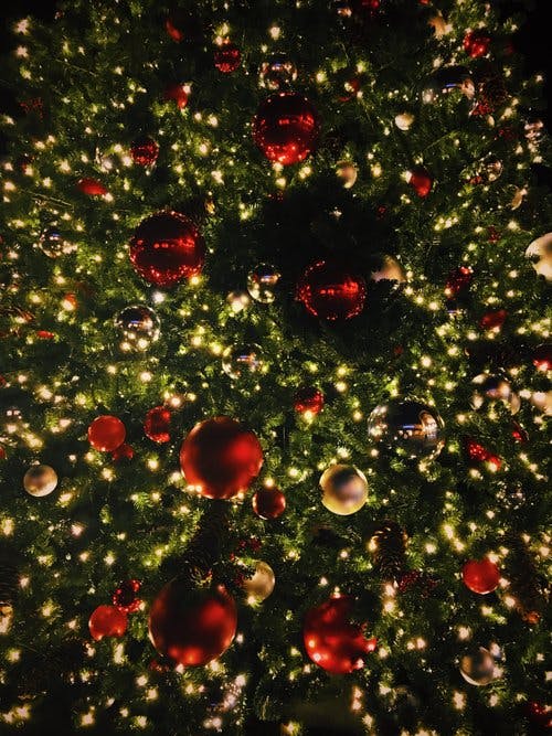 Close up with of a Christmas tree with baubles and lights