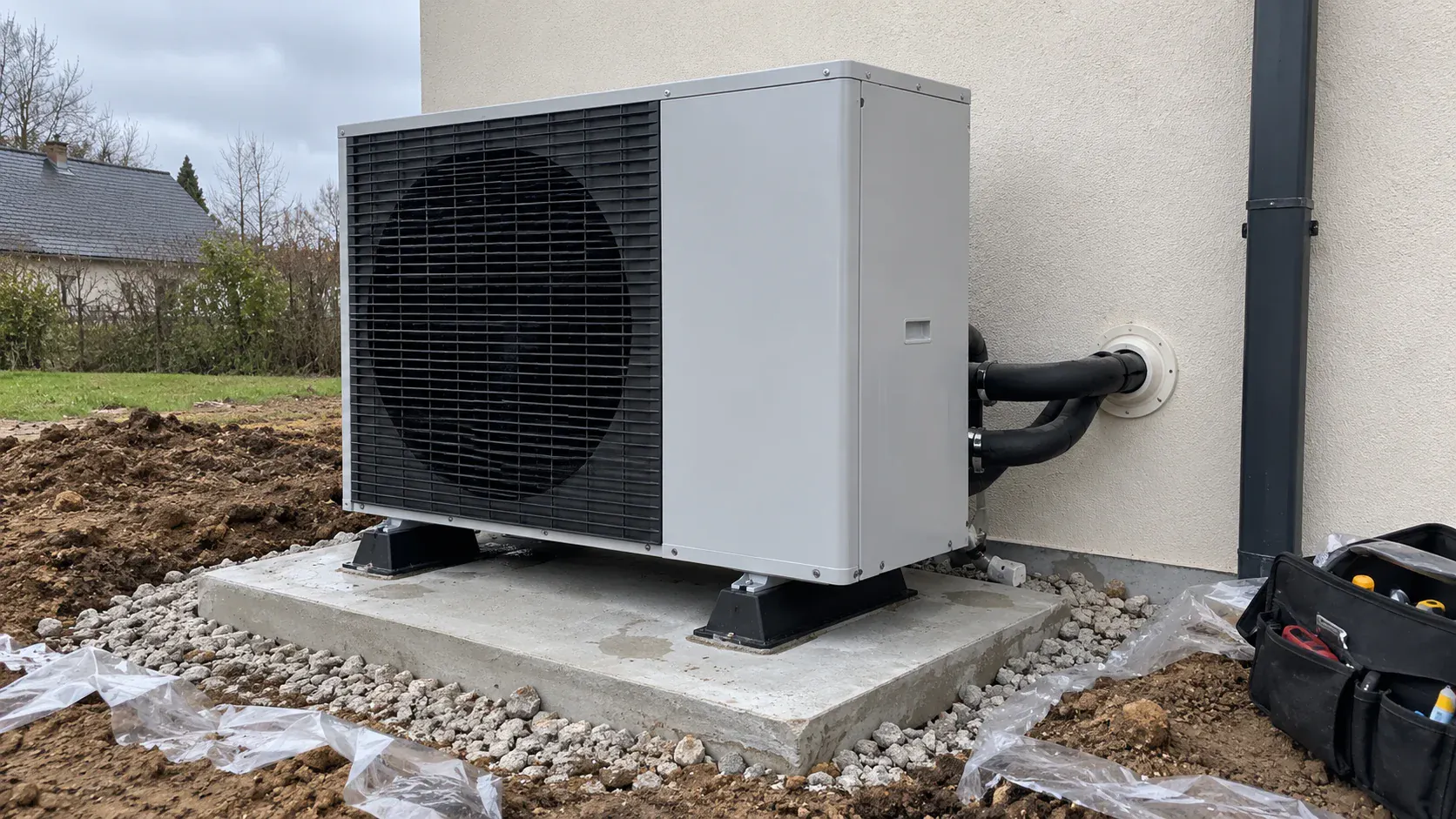 Pompe à chaleur air/eau tout juste installée sur une dalle neuve, raccordements en façade