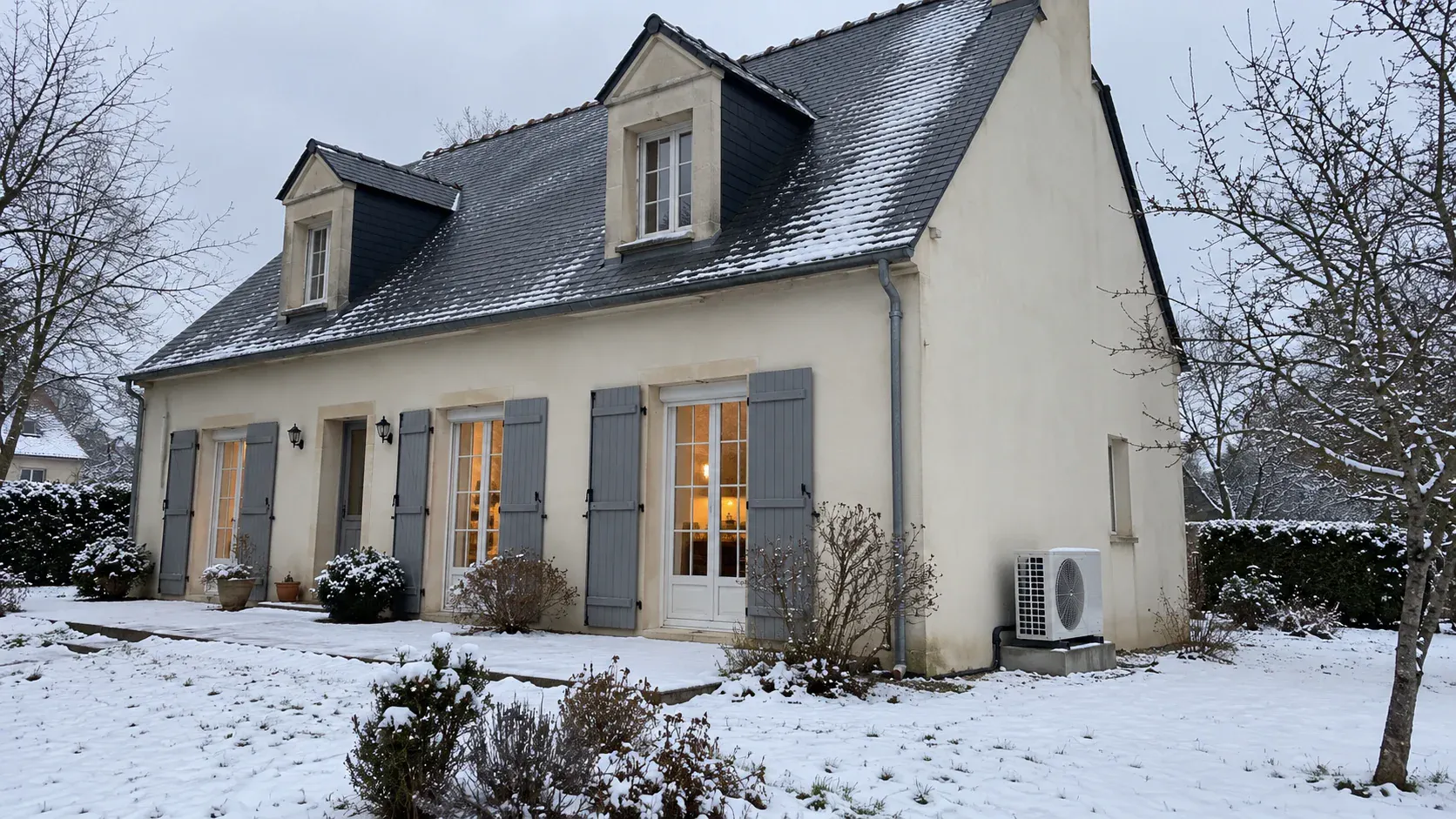 Maison individuelle sous la neige, pompe à chaleur air/eau installée à l'angle de la façade