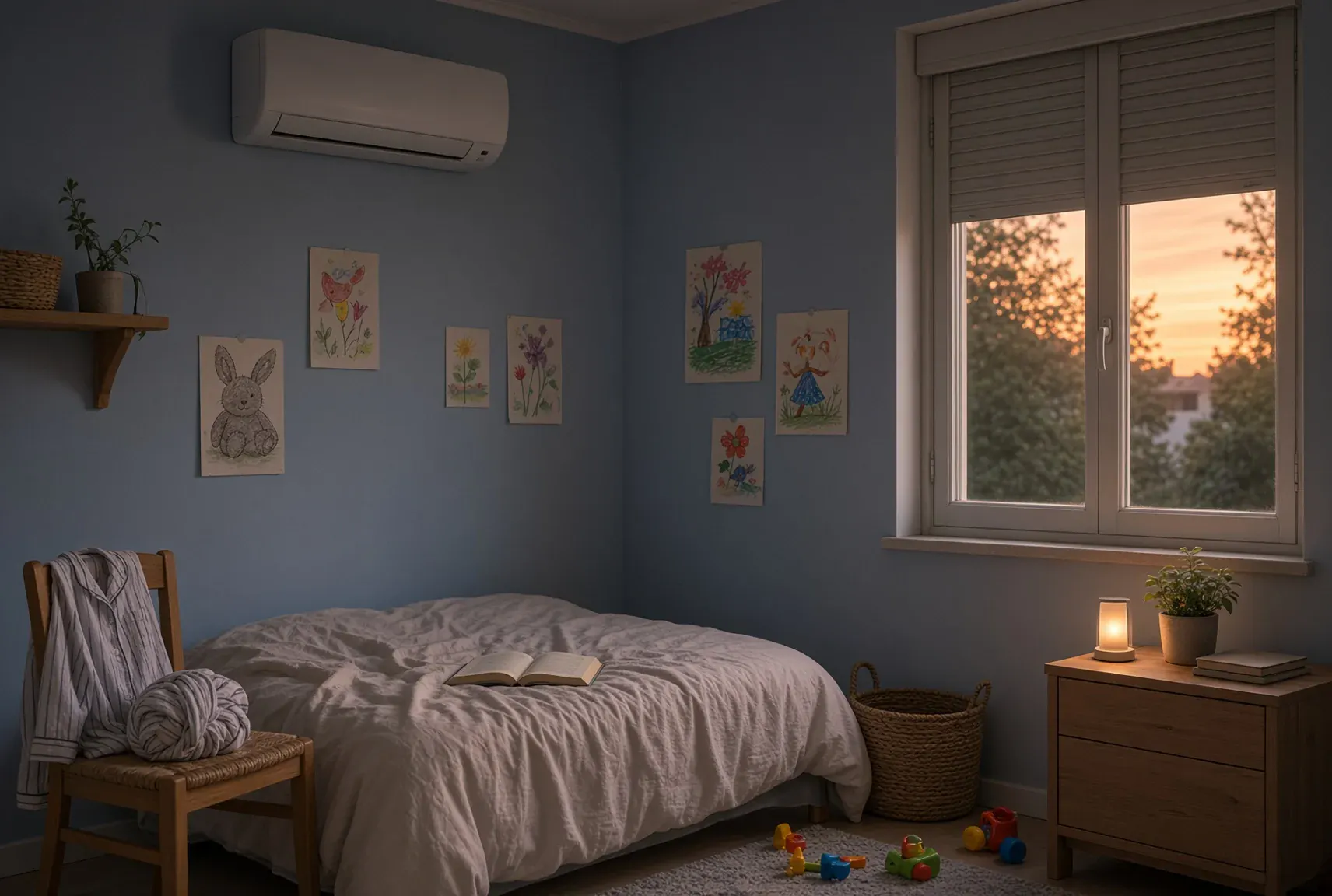 Chambre d'enfant le soir, unité intérieure murale en fonctionnement, fenêtre fermée