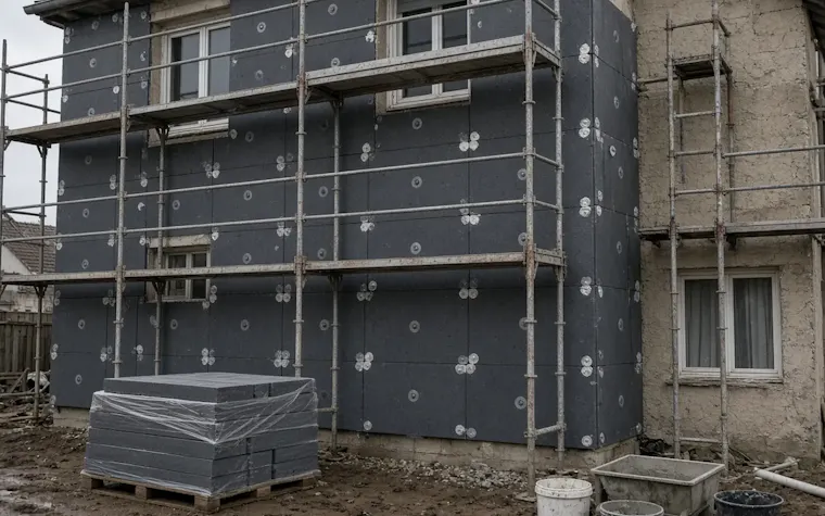 Isolation thermique par l'extérieur en cours sur une maison
