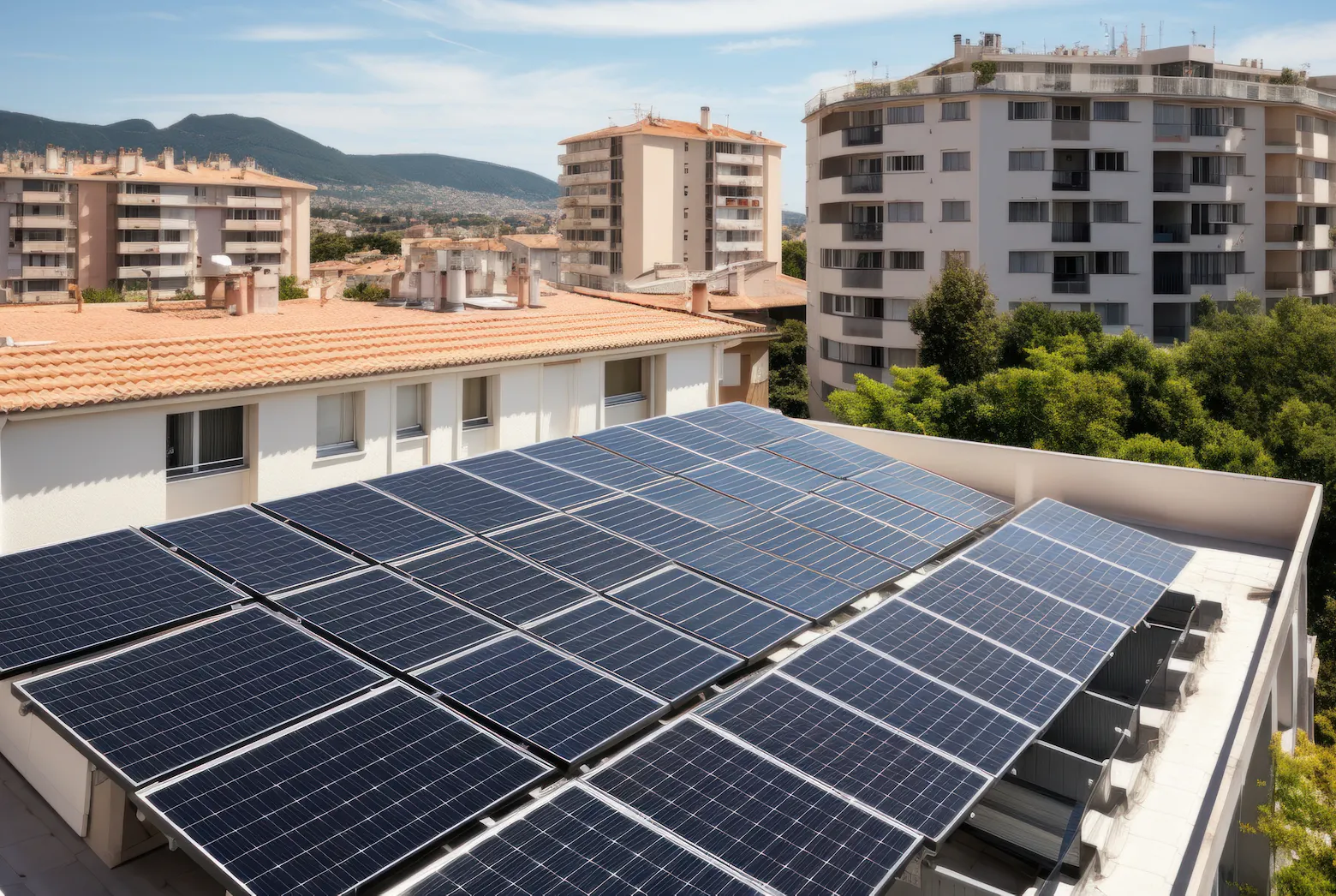 Panneaux photovoltaïques installés sur le toit-terrasse d'un bâtiment en ville