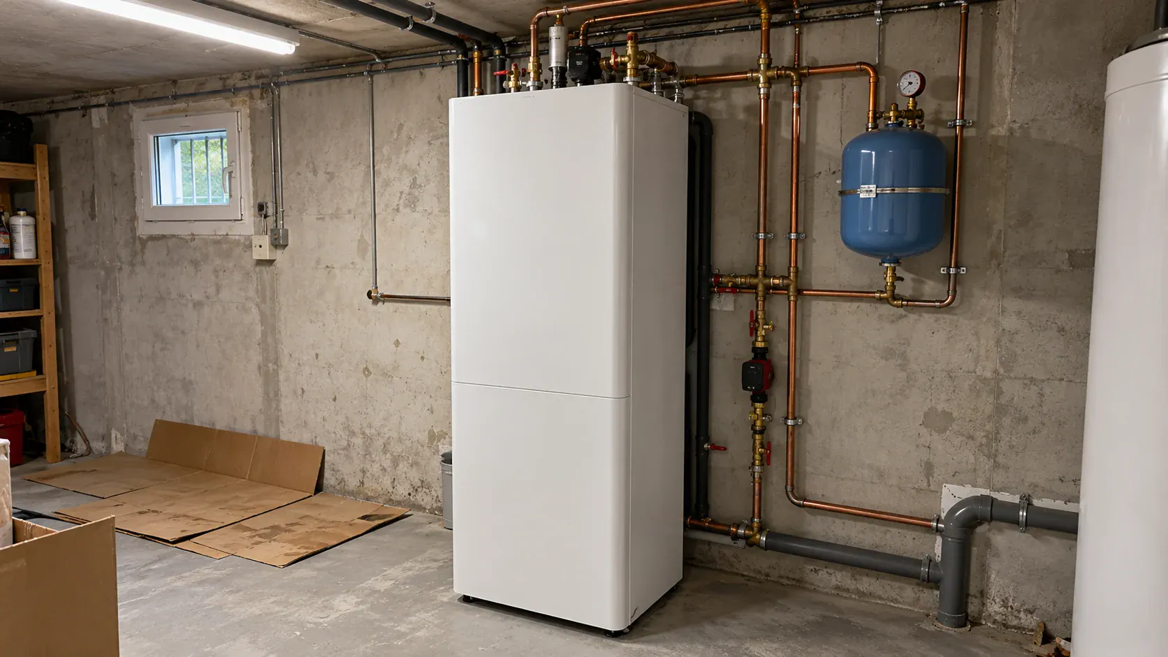 Module hydraulique de pompe à chaleur air/eau avec ballon d'eau chaude intégré, installé dans un sous-sol
