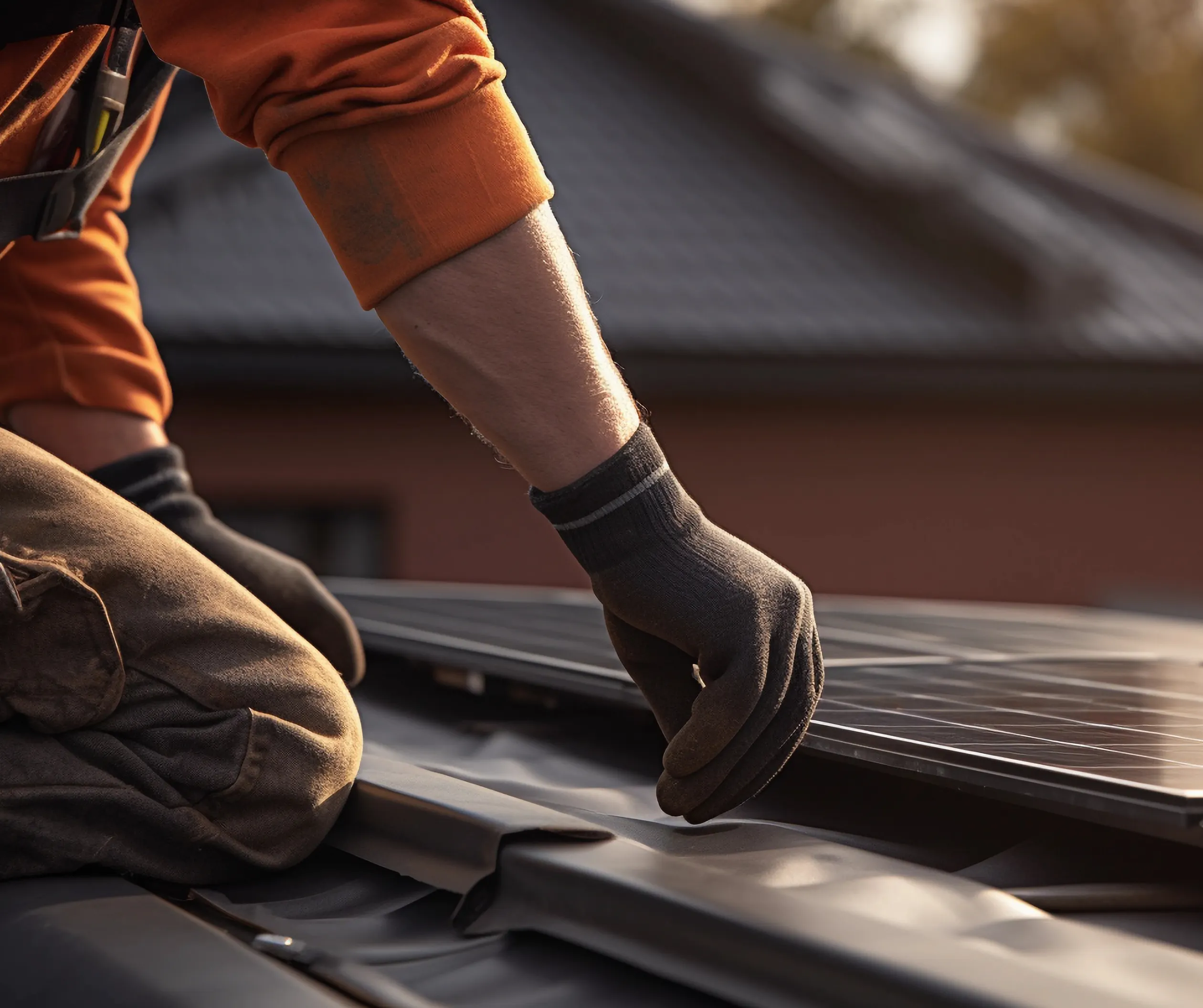 Mains gantées fixant un capteur solaire sur un toit